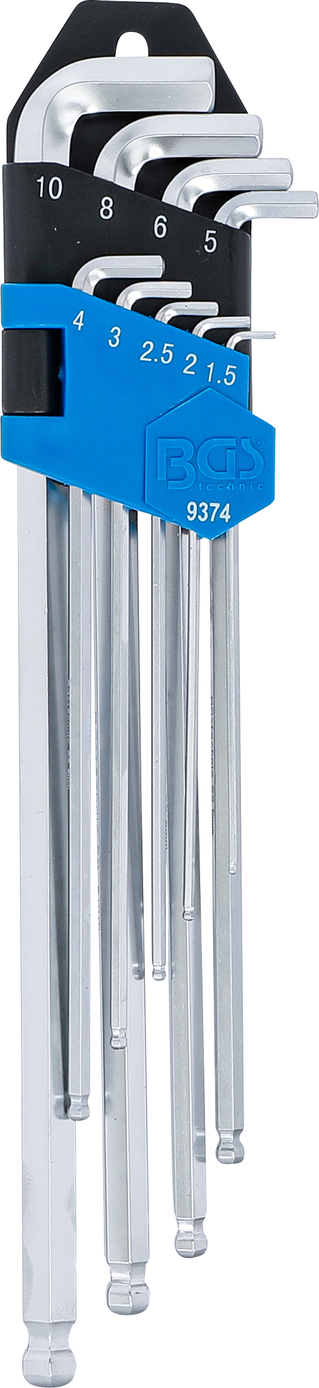 BGS Winkelschlüssel-Satz | extra lang + extra kurz | Innensechskant / Innensechskant mit Kugelkopf 1,5 - 10 mm | 9-tlg.