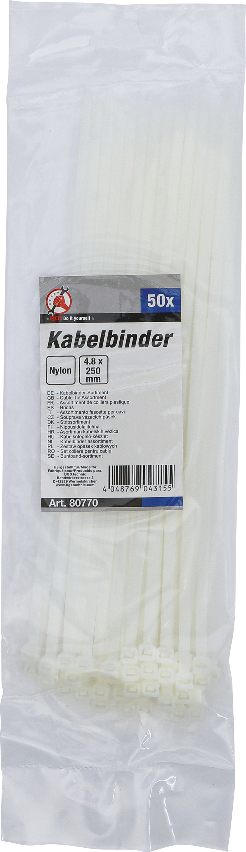 BGS Kabelbinder-Sortiment | weiß | 4,8 x 250 mm | 50-tlg.