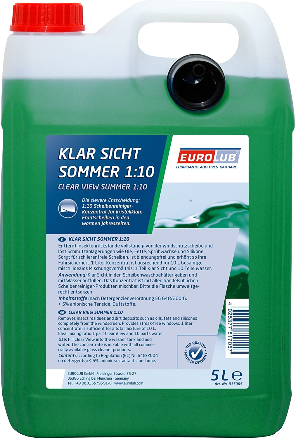 Eurolub Klar Sicht Sommer 1:10 Scheibenreiniger Konzentrat 5 Liter