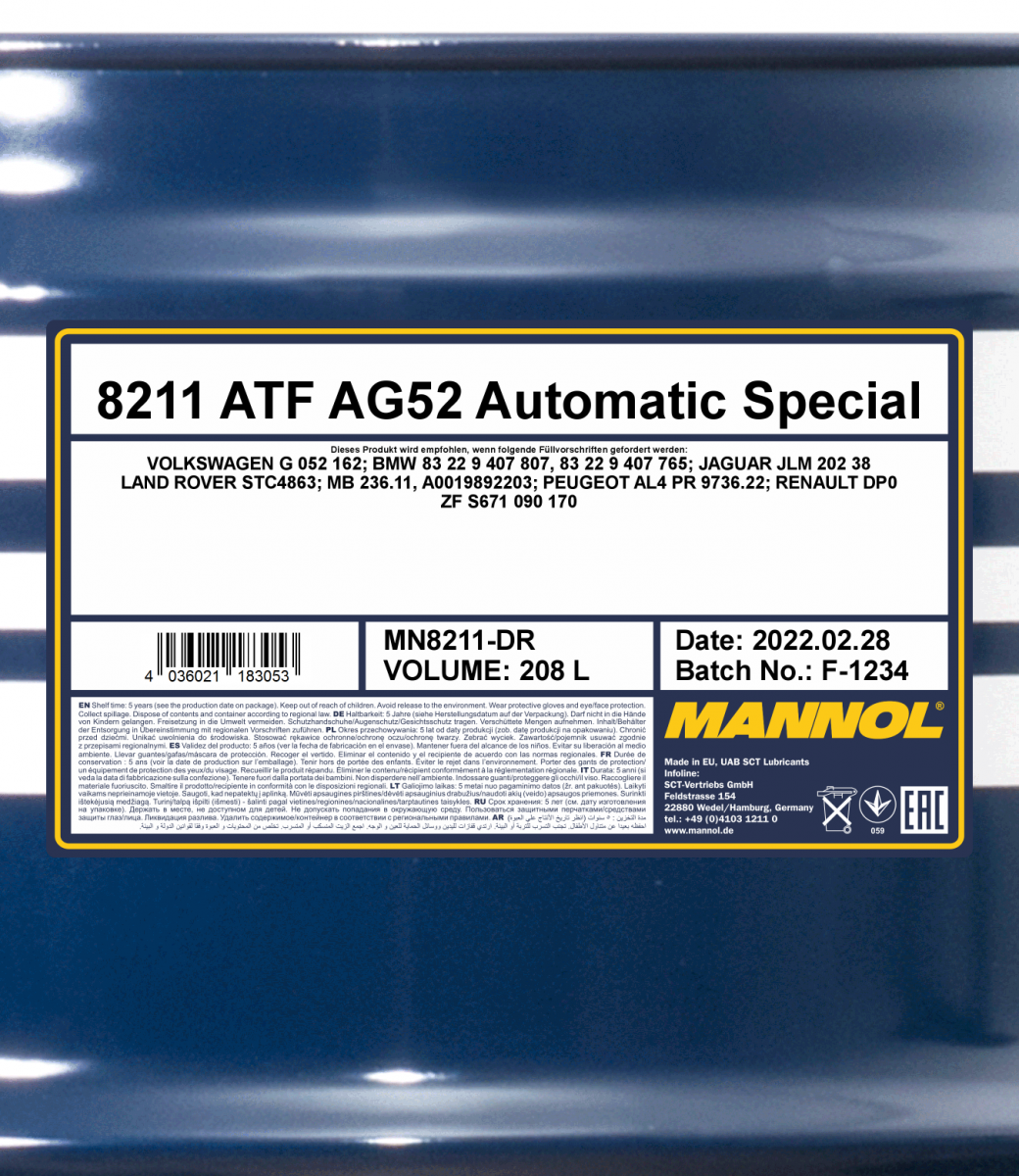 Mannol 8211 ATF AG52 Automatic Special 208 Liter