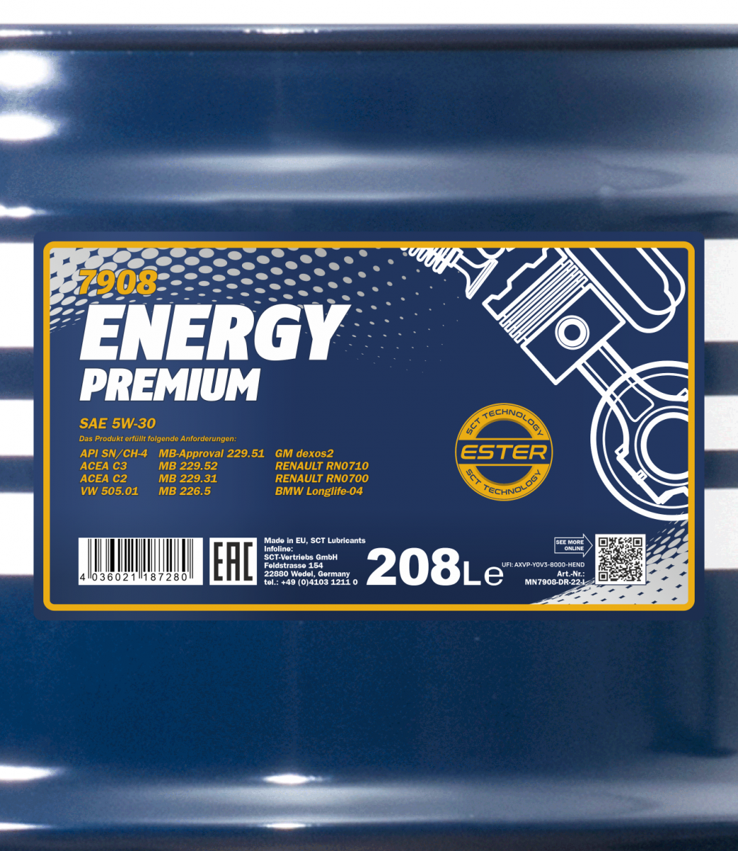 5W-30 Mannol 7908 Energy Premium Motoröl 208 Liter