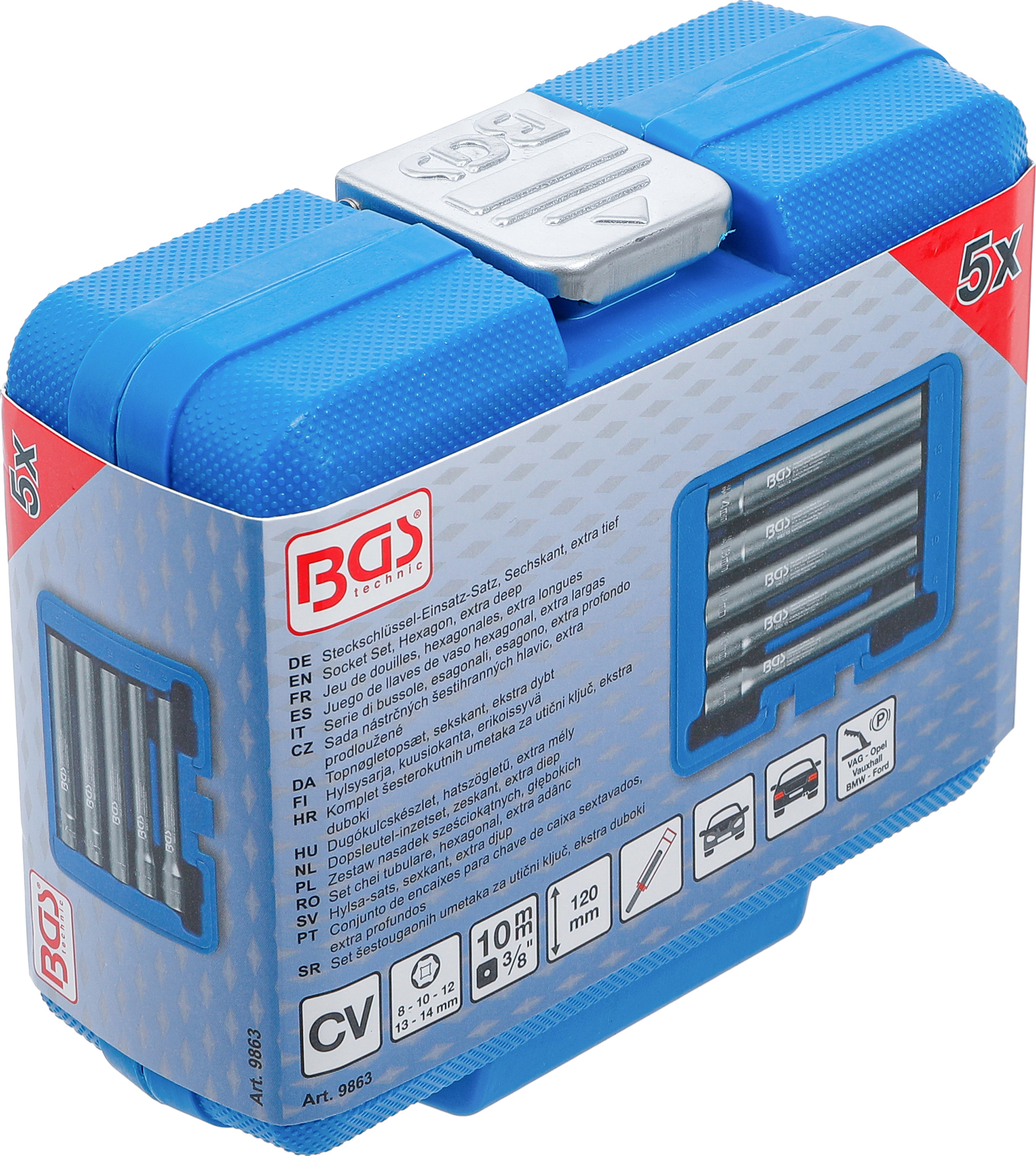 BGS Steckschlüssel-Einsatz-Satz, Sechskant, extra tief | Antrieb Innenvierkant 10 mm (3/8") | SW 8 - 14 mm | 5-tlg.