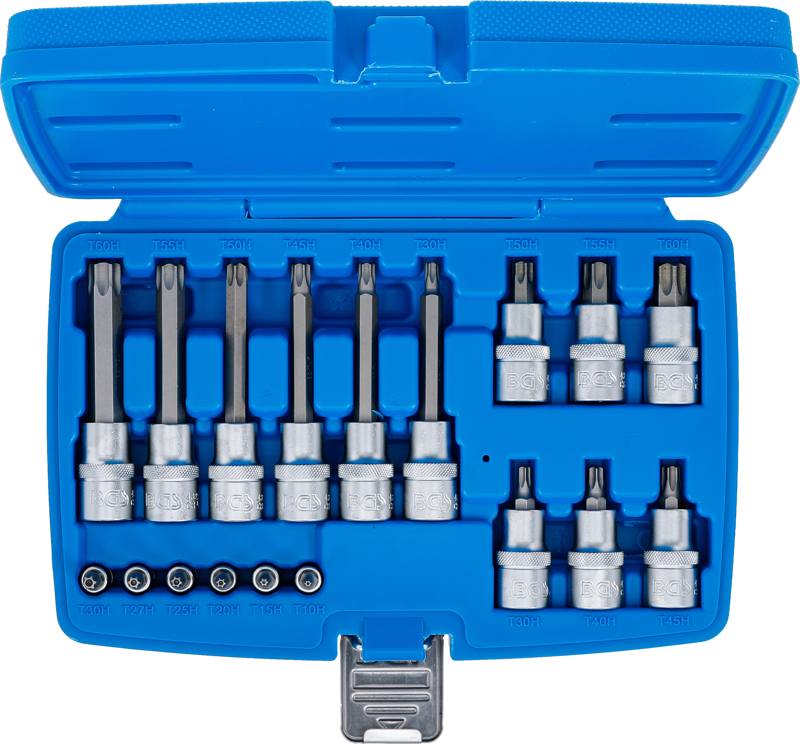 BGS Bit-Einsatz-Satz | Antrieb Innenvierkant 6,3 mm (1/4") / 12,5 mm (1/2") | T-Profil (für Torx) mit Bohrung | 18-tlg.