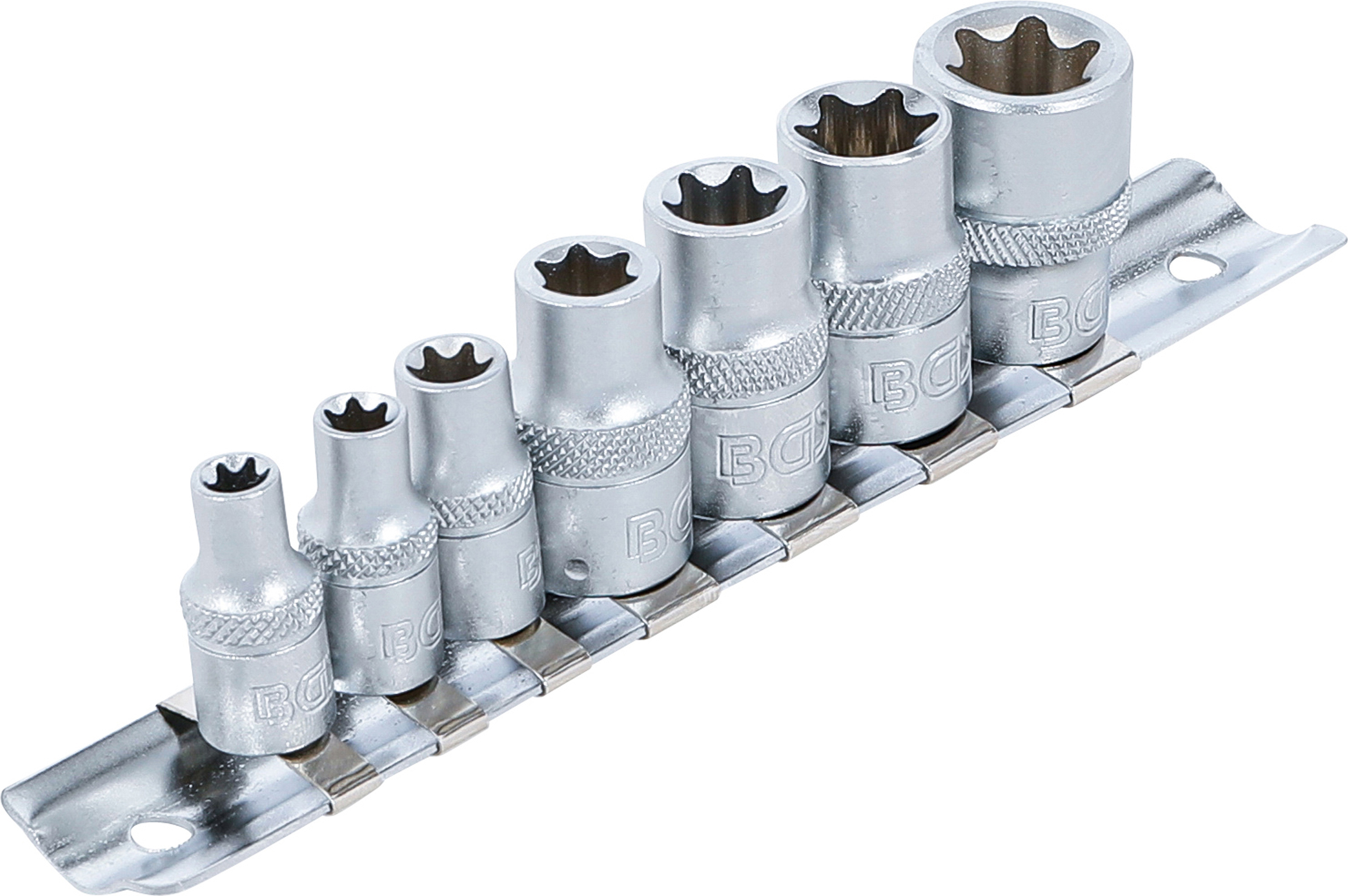 BGS Steckschlüssel-Einsatz-Satz E-Profil | Antrieb Innenvierkant 6,3 mm (1/4") / 10 mm (3/8") | SW E6 - E16 | 7 tlg.