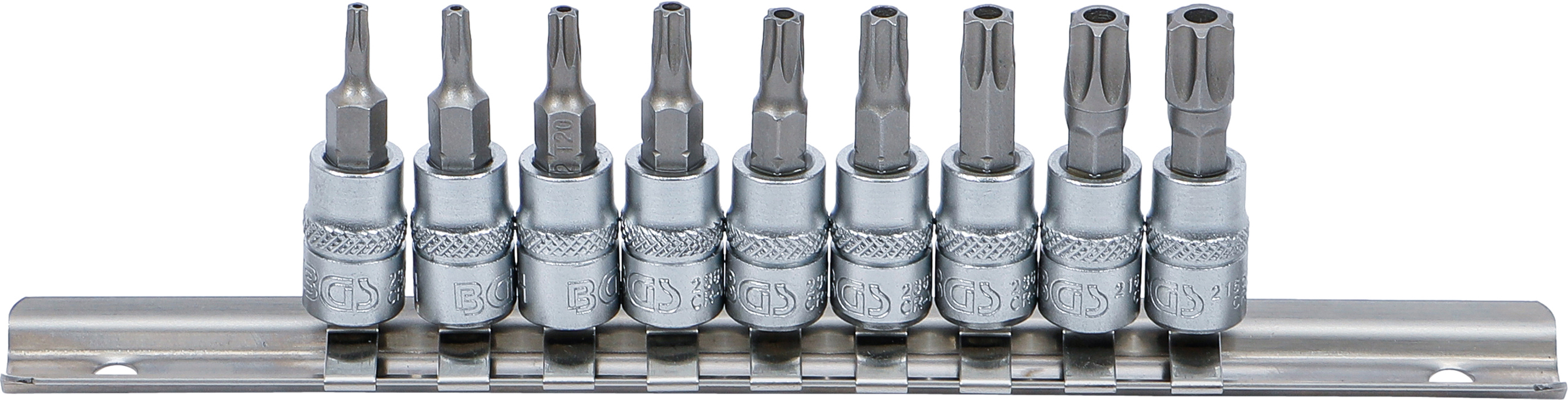 BGS Bit-Einsatz-Satz | Antrieb Innenvierkant 6,3 mm (1/4") | T-Profil (für Torx) mit Bohrung T10 - T50 | 9-tlg.