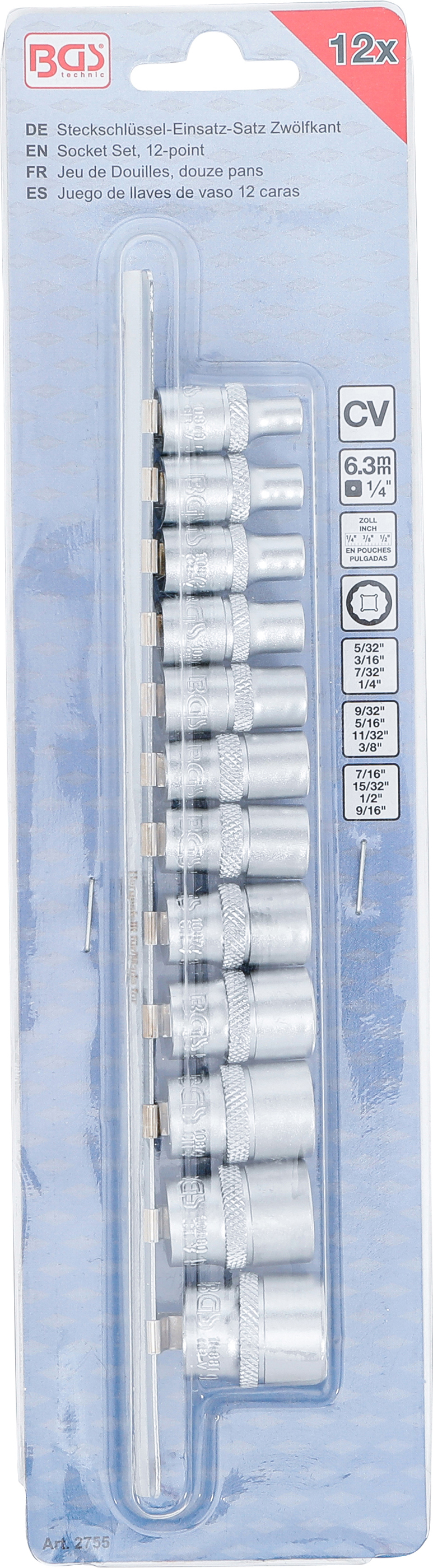 BGS Steckschlüssel-Einsatz-Satz Zwölfkant | Antrieb Innenvierkant 6,3 mm (1/4") | Zollgrößen | 12-tlg.