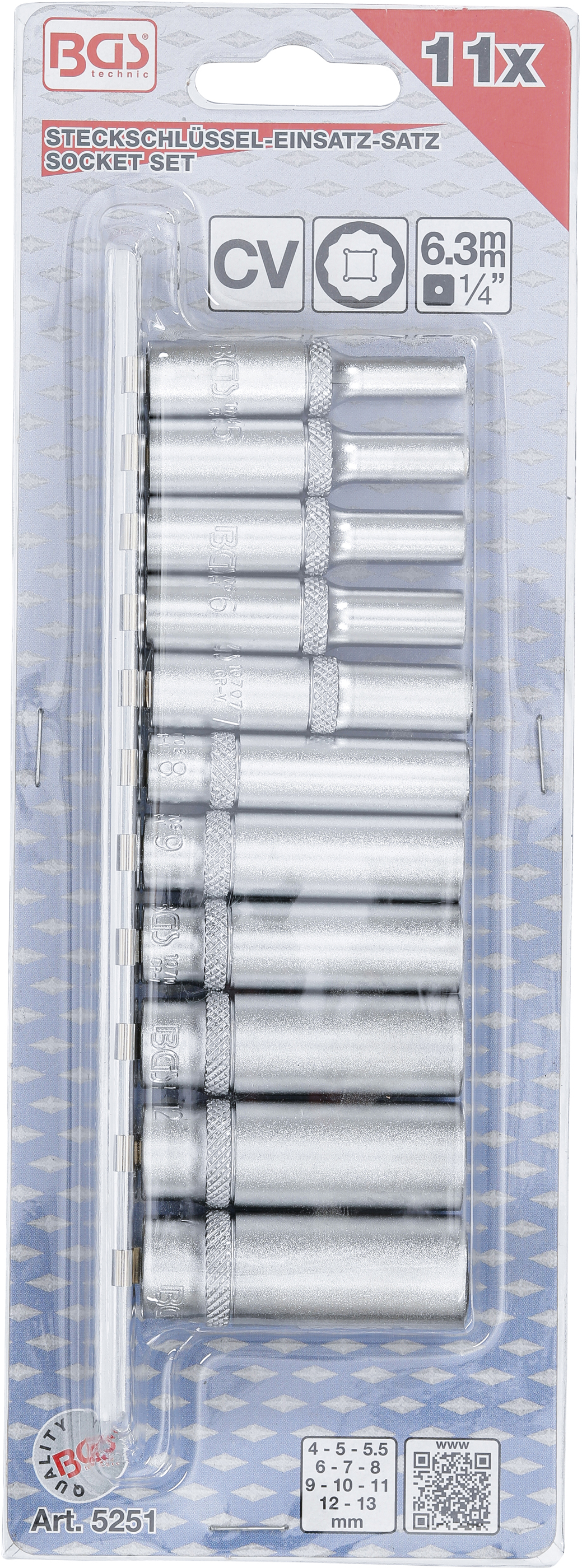 BGS Steckschlüssel-Einsatz-Satz Zwölfkant, tief | Antrieb Innenvierkant 6,3 mm (1/4") | SW 4 - 13 mm |11-tlg.
