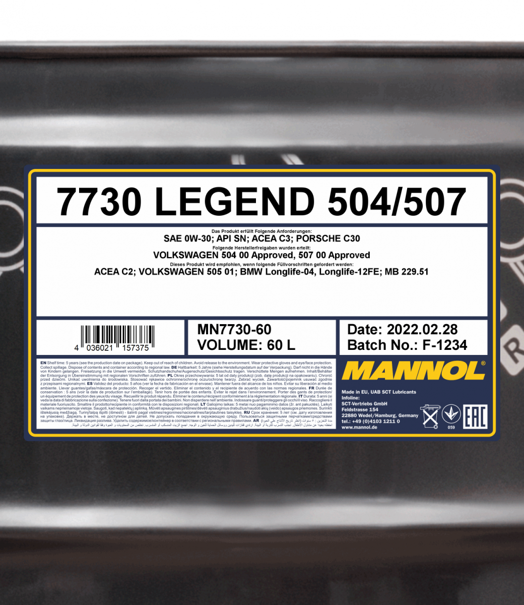 0W-30 Mannol 7730 Legend 504 507 für VW Audi Skoda Motoröl 60 Liter