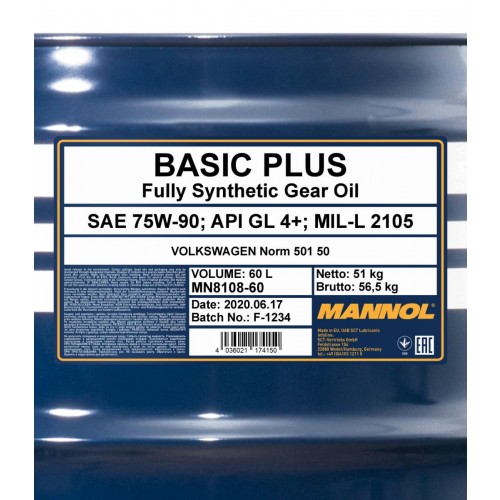 75W-90 Mannol 8108 Basic Plus Getriebeöl 60 Liter