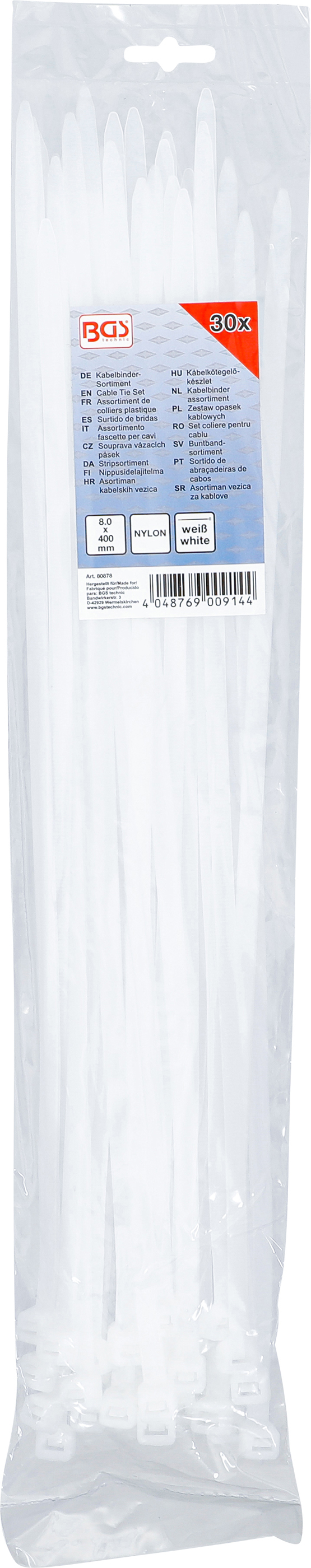 BGS Kabelbinder-Sortiment | weiß | 8,0 x 400 mm | 30-tlg.