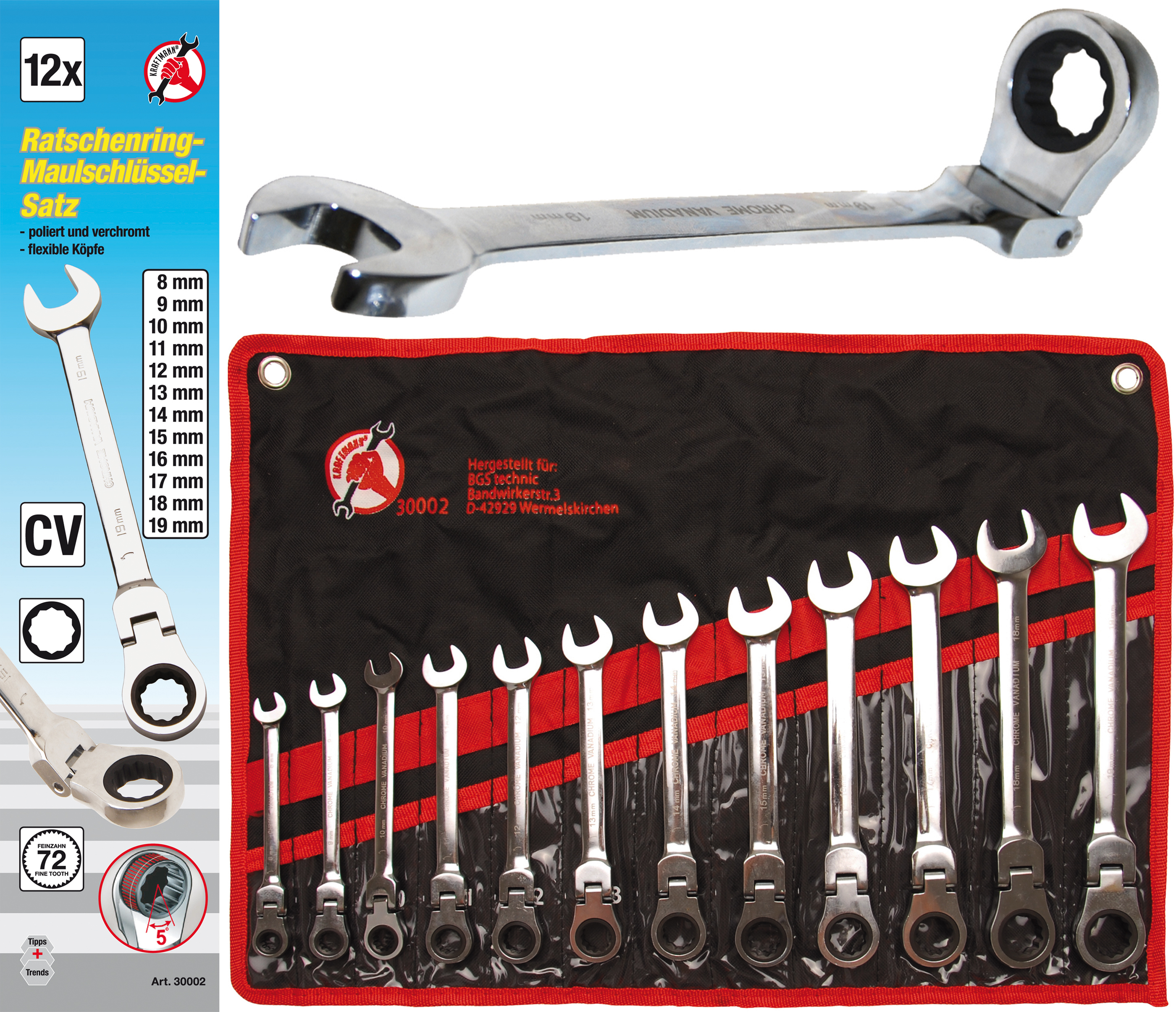 BGS Ratschenring-Maulschlüssel-Satz | flexible Köpfe | SW 8 - 19 mm | 12-tlg.
