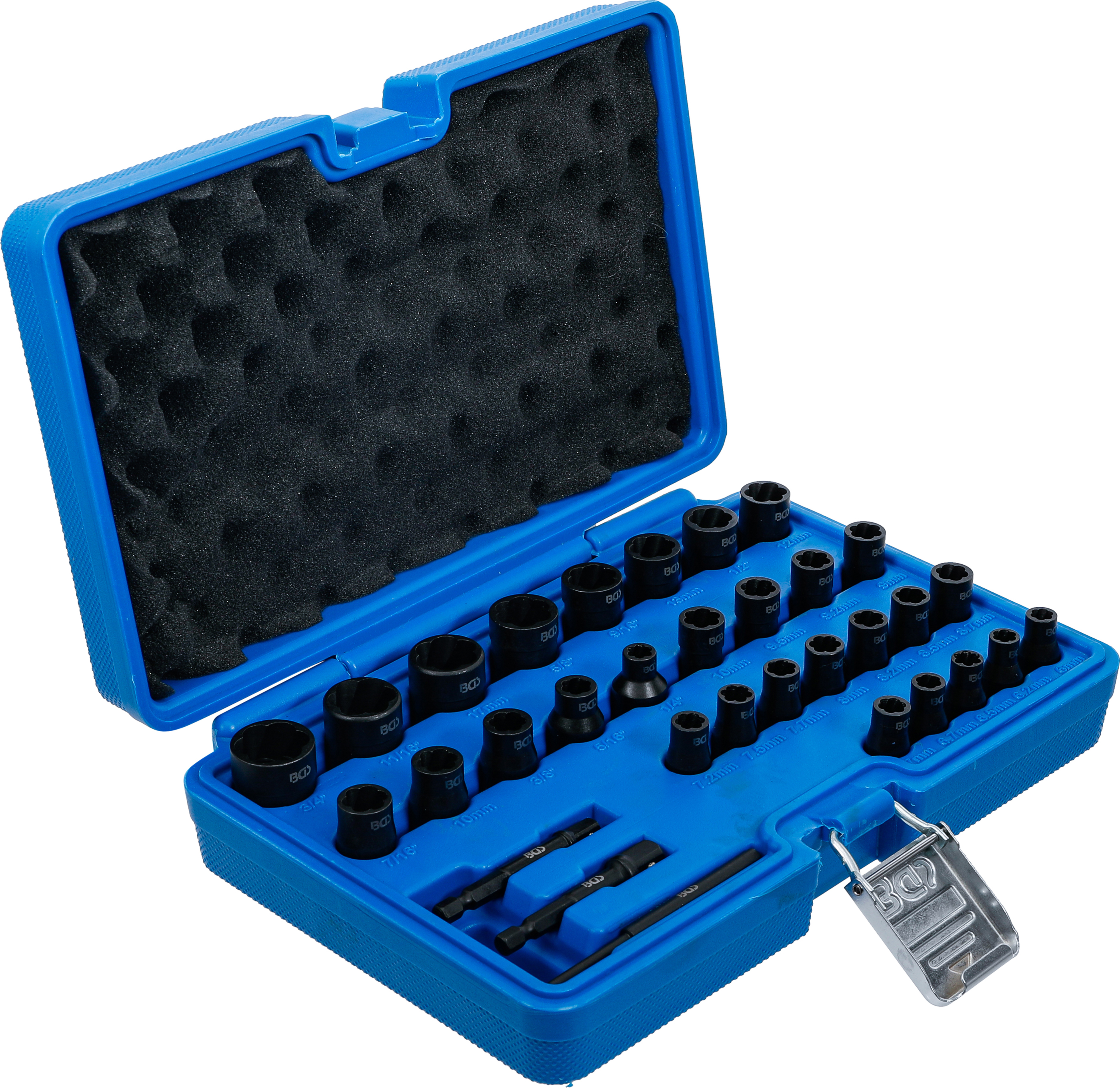 BGS Spiral-Profil-Steckschlüssel-Satz / Schraubenausdreher | Antrieb Innenvierkant 6,3 mm (1/4") / 10 mm (3/8") | Metrisch und Zollgrößen | 32-tlg.