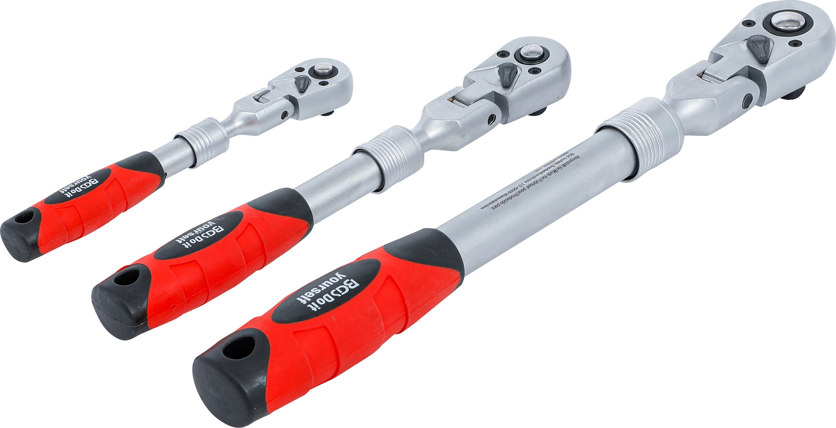 BGS Umschaltknarren-Satz | ausziehbar, abwinkelbar | Abtrieb Außenvierkant 6,3 mm (1/4") - 10 mm (3/8") - 12,5 mm (1/2") | 3-tlg.
