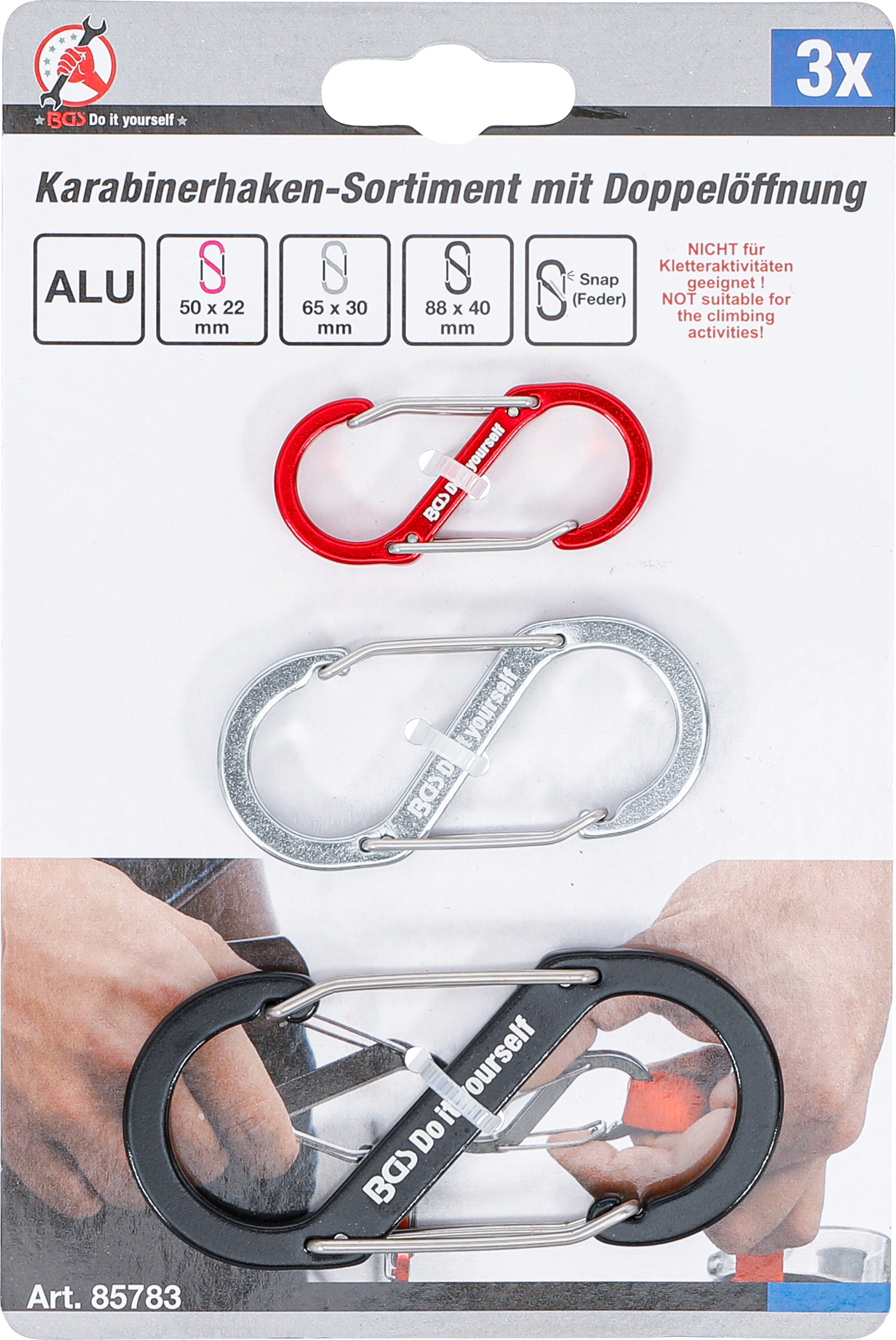 BGS Karabinerhaken-Sortiment mit Doppelöffnung | Aluminium | 3-tlg.