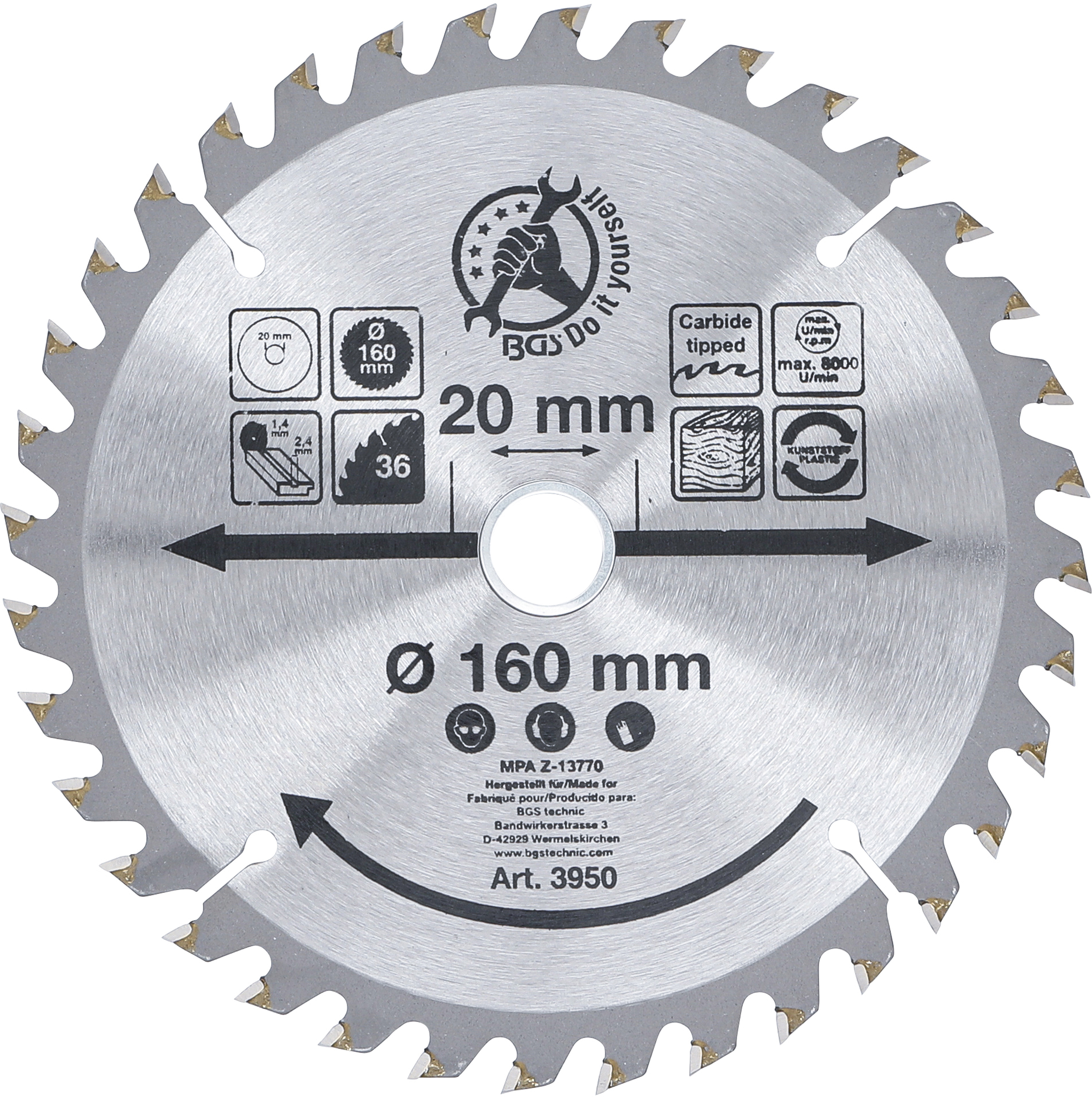 BGS Hartmetall-Kreissägeblatt | Ø 160 x 20 x 2,4 mm | 36 Zähne