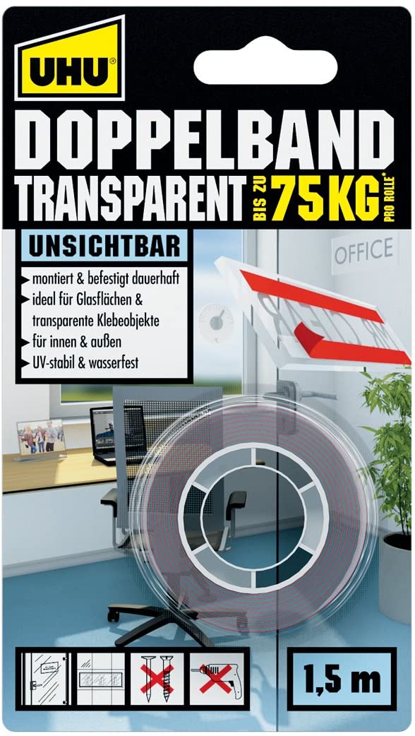 UHU Doppelband Transparent doppelseitiges Klebeband bis zu 75 kg pro Rolle 1,5 Meter