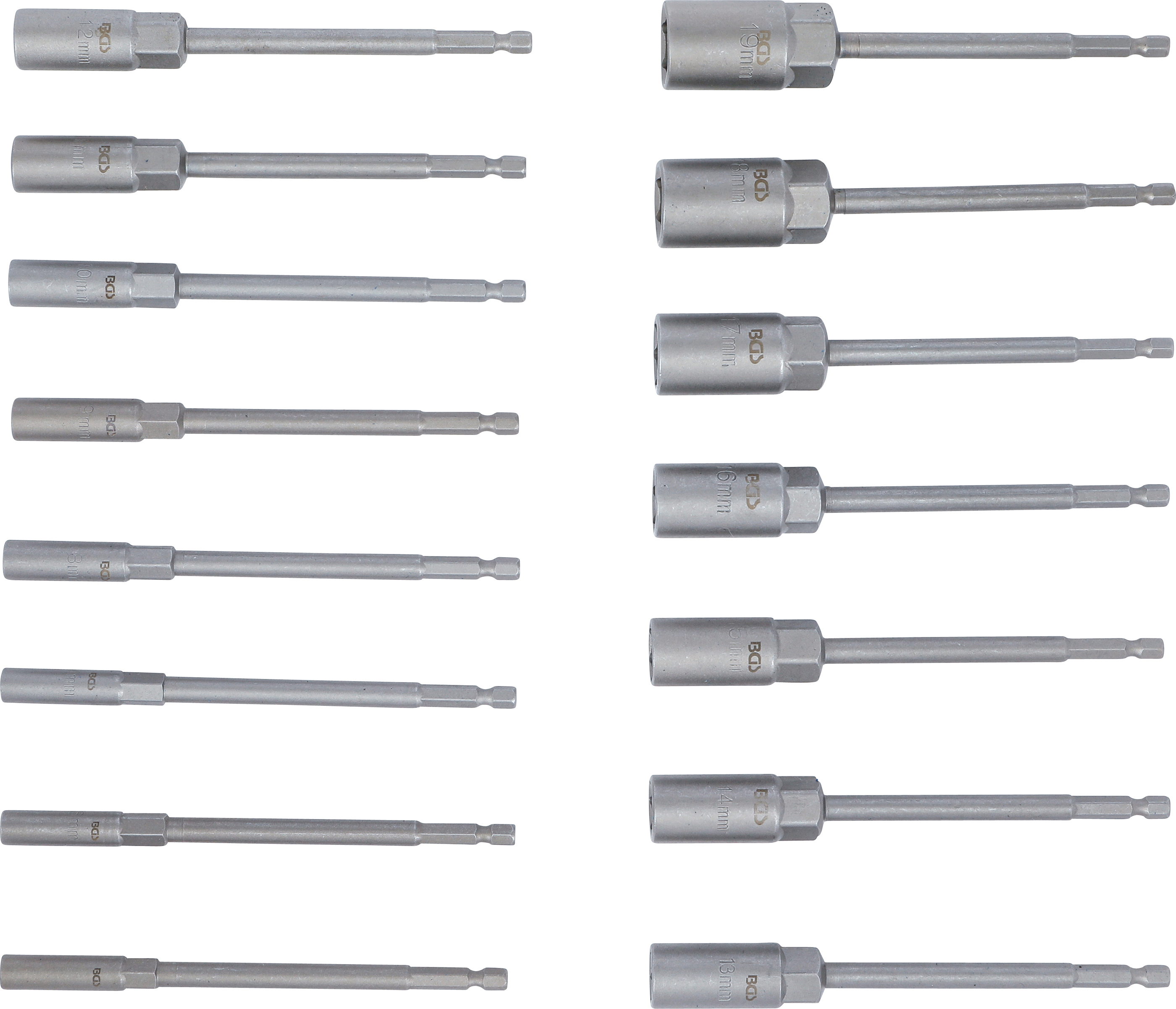 BGS Steckschlüssel-Einsatz-Satz, Sechskant | extra lang | Antrieb Außensechskant 6,3 mm (1/4") | für Bohrmaschinen | SW 5,5 - 19 mm | 15-tlg.