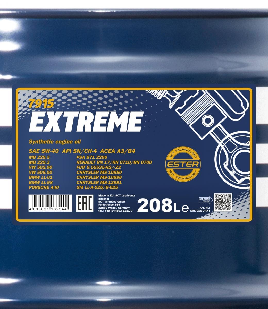 5W-40 Mannol 7915 Extreme Motoröl 208 Liter