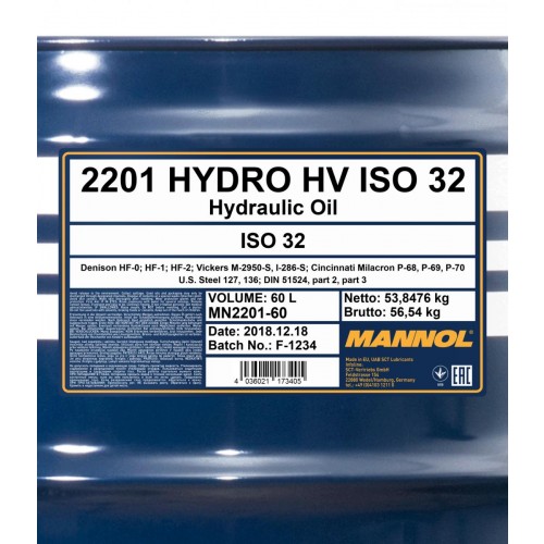 Mannol 2201 Hydro HV ISO 32 Hydrauliköl 60 Liter