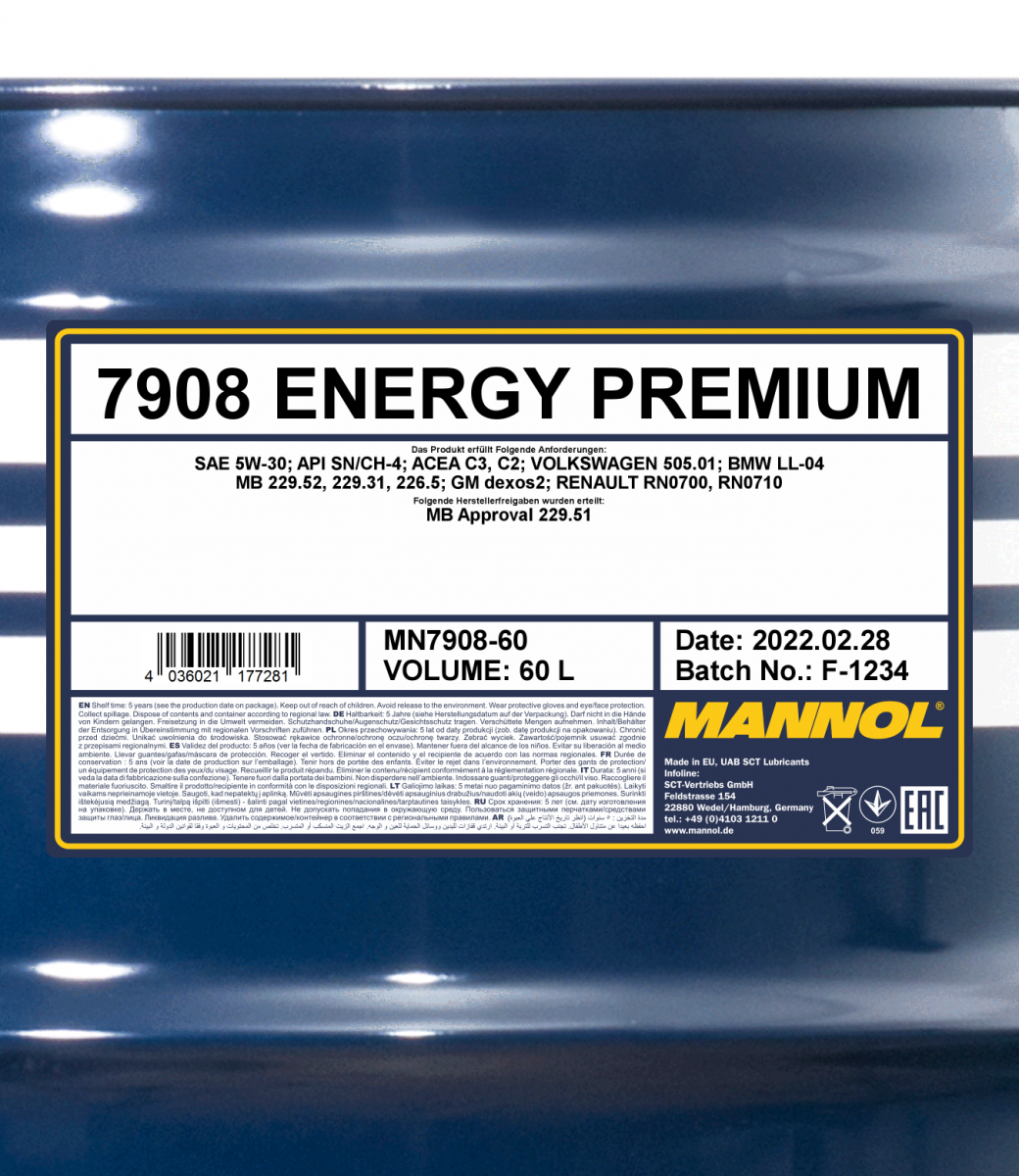 5W-30 Mannol 7908 Energy Premium Motoröl 60 Liter