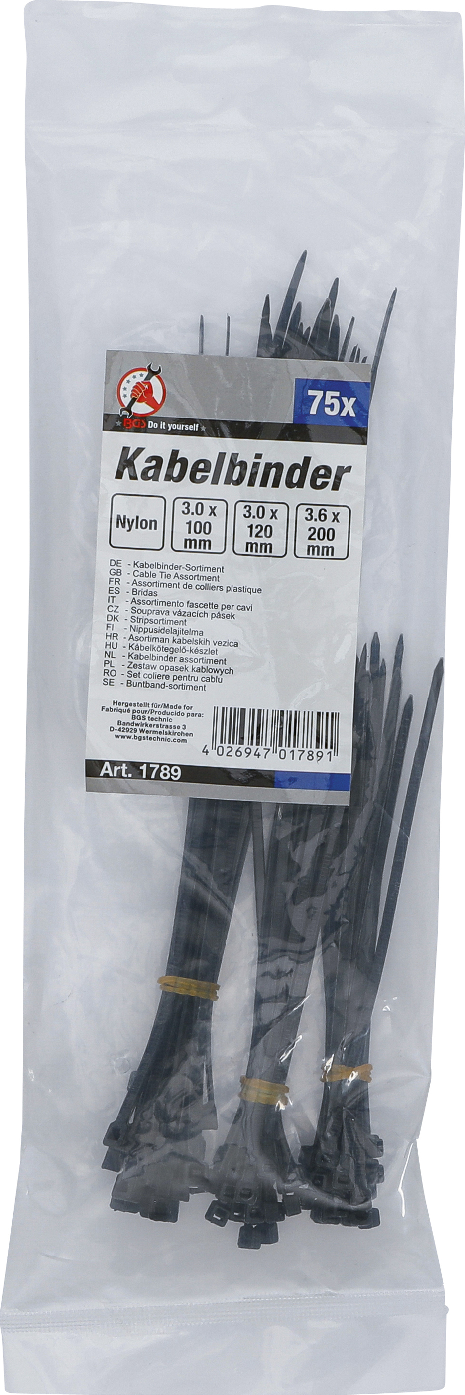 BGS Kabelbinder-Sortiment | schwarz | 100 - 200 mm | 75-tlg.