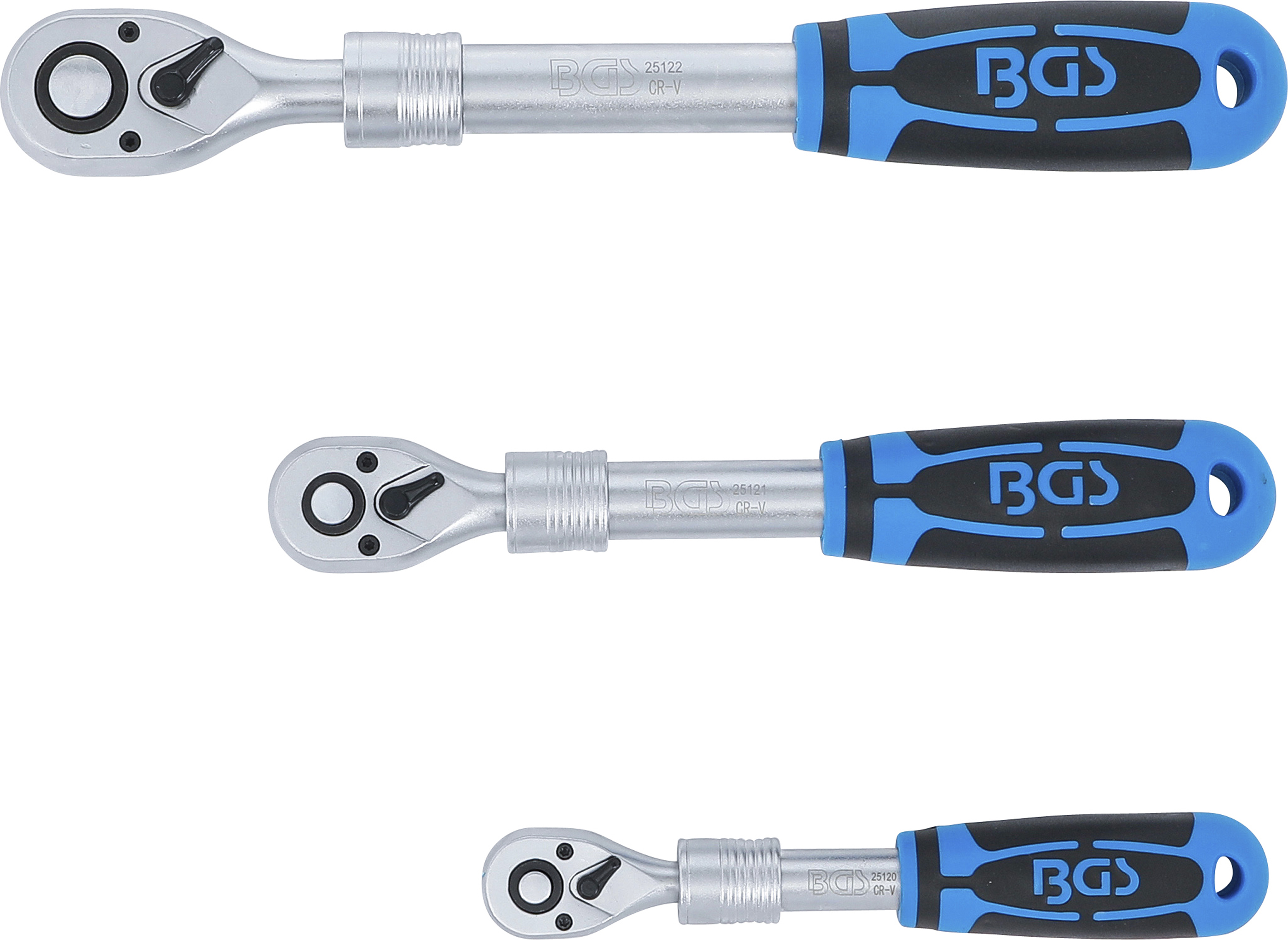 BGS Umschaltknarren-Satz | ausziehbar | Abtrieb Außenvierkant 6,3 mm (1/4") - 10 mm (3/8") - 12,5 mm (1/2") | 3-tlg.