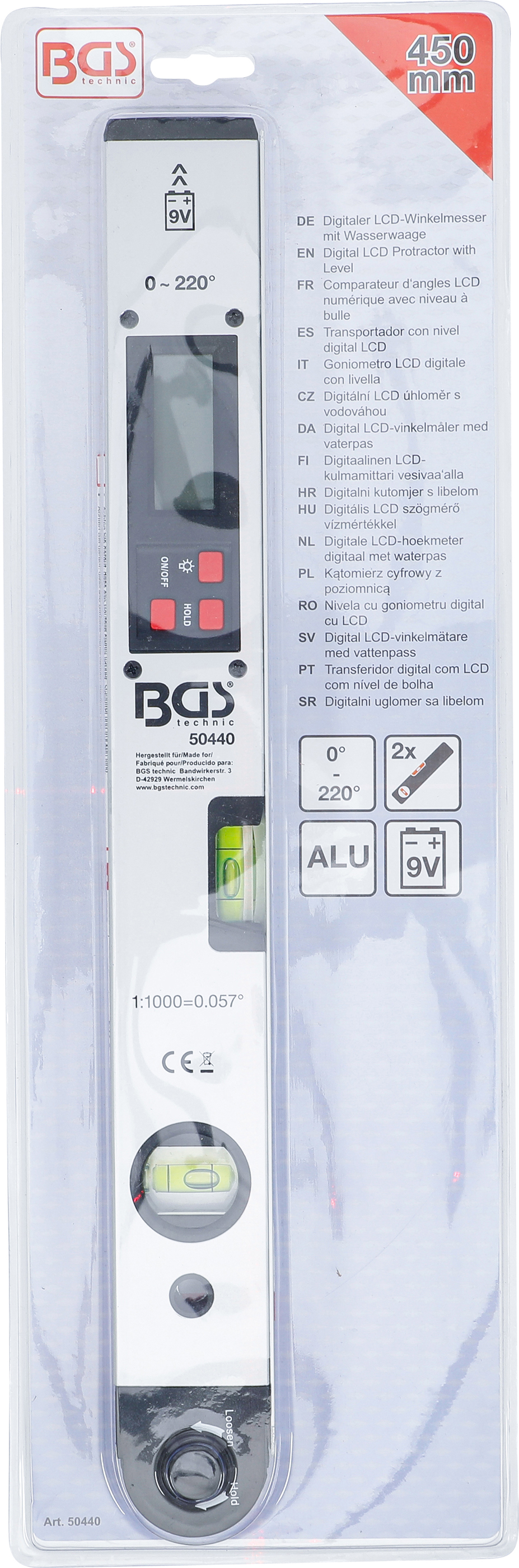 BGS Digitaler LCD-Winkelmesser mit Wasserwaage | 450 mm