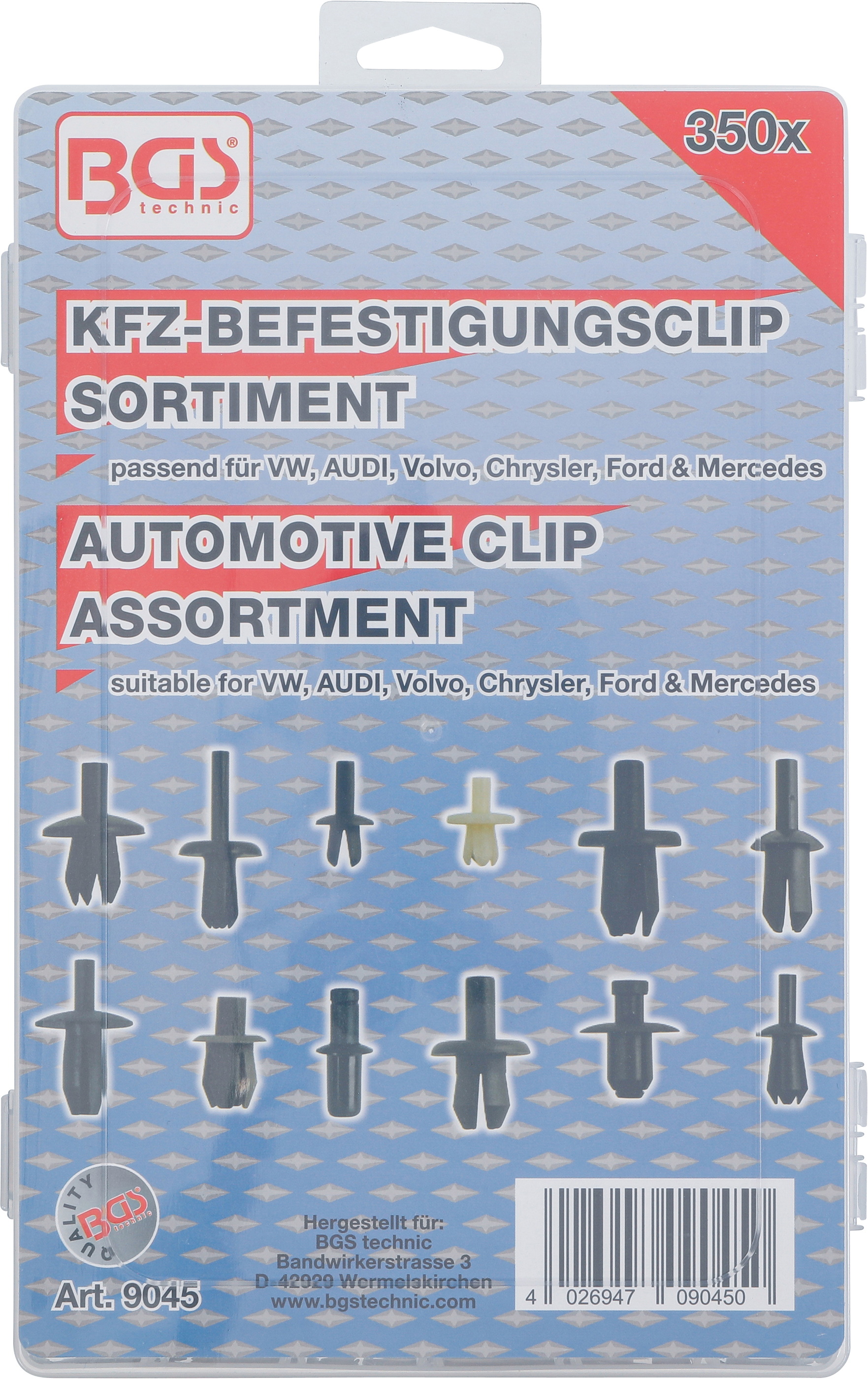 BGS Kfz-Befestigungsclip-Sortiment für VW, Audi, Volvo, Chrysler, Ford, Mercedes-Benz | 350-tlg.