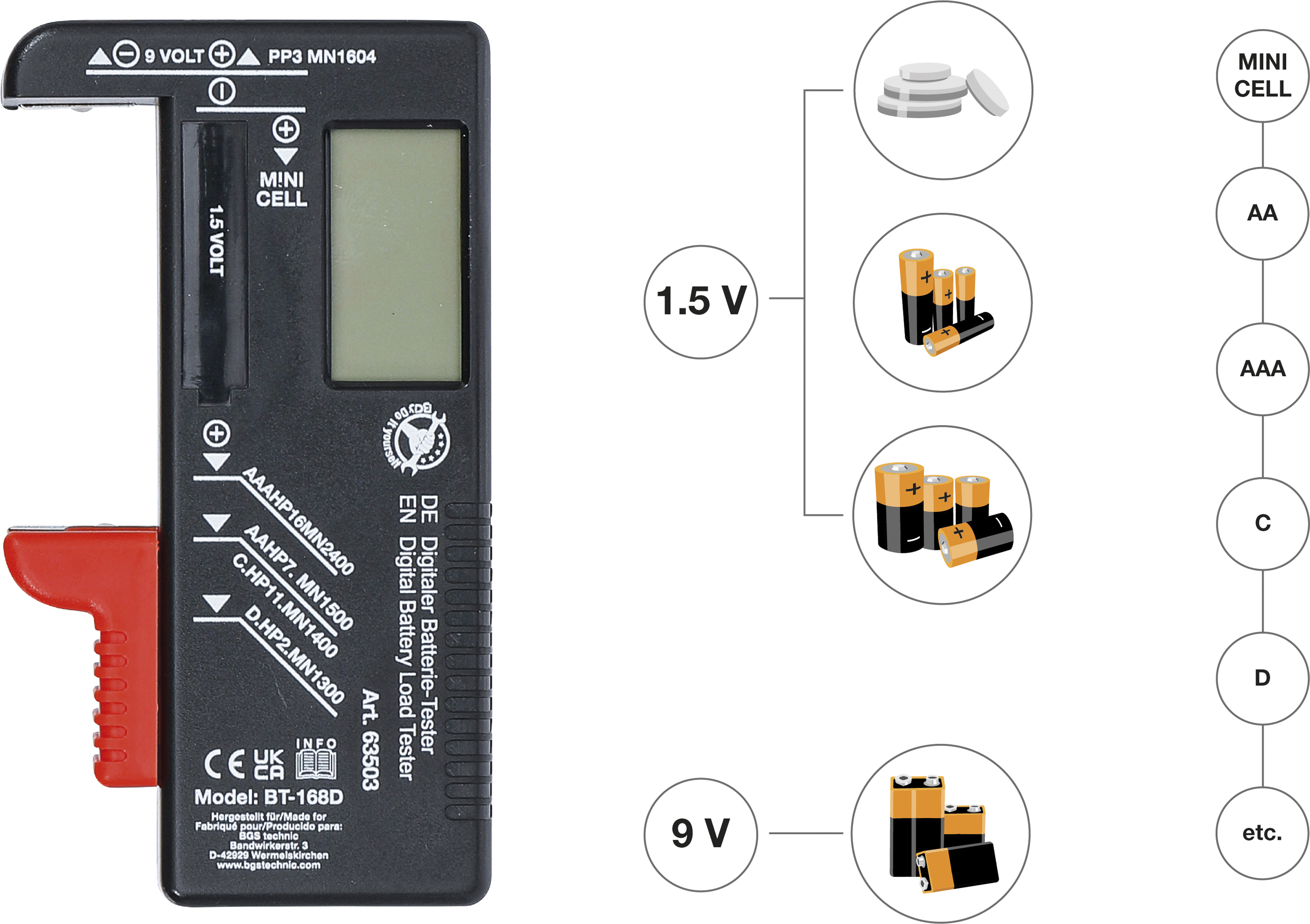BGS Digitaler Batterie-Tester | 1,5 V / 9 V