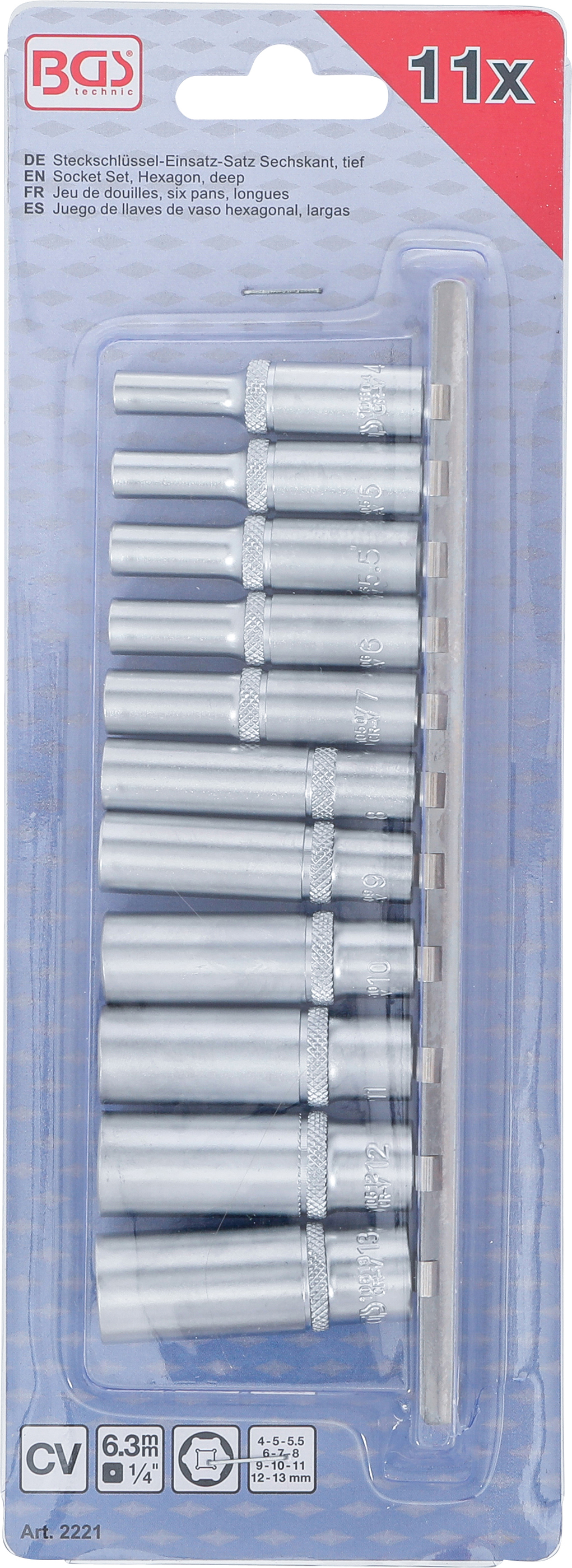 BGS Steckschlüssel-Einsatz-Satz Sechskant, tief | Antrieb Innenvierkant 6,3 mm (1/4") | SW 4 - 13 mm | 11-tlg.