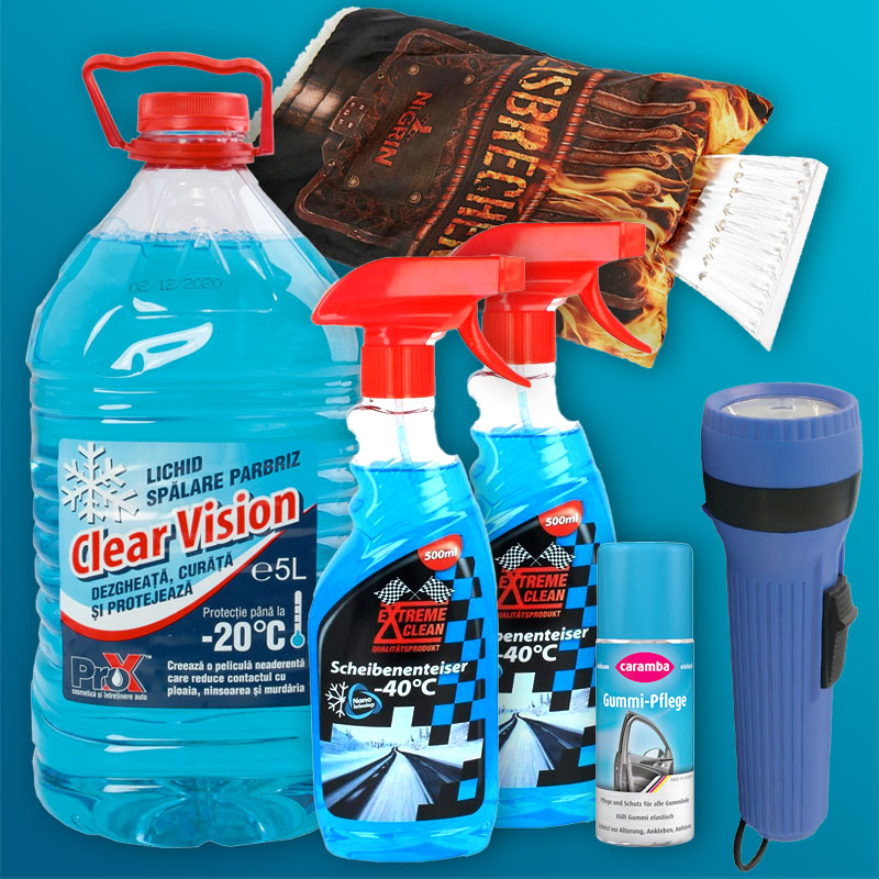 Winterpaket Super DEAL Scheibenfrostschutz + Enteiser + Gummipflege + Eiskratzer + LED Taschenlampe