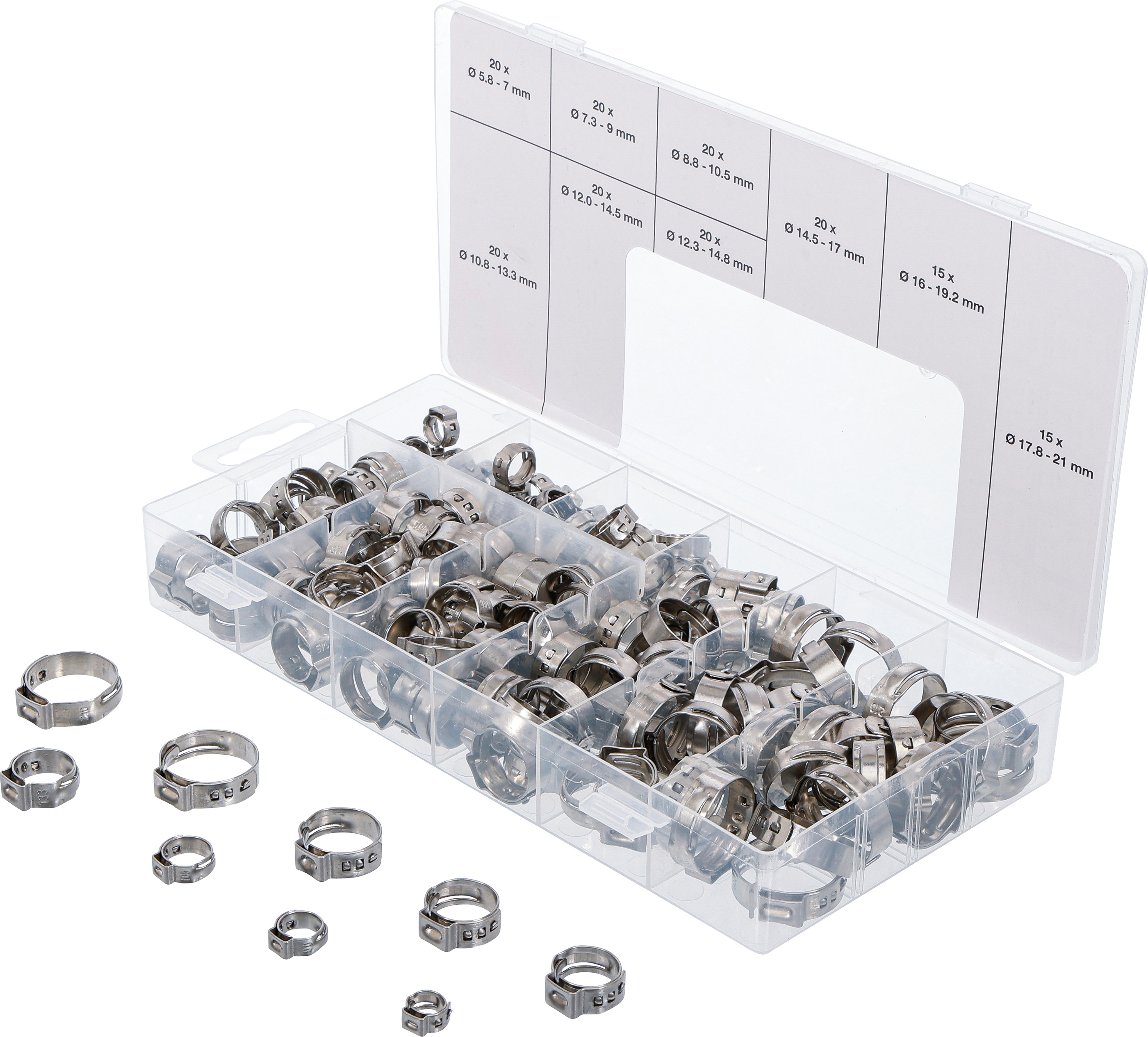BGS Edelstahl-Schlauchklemmen-Sortiment | Ø 5,8 - 21 mm | 170-tlg.