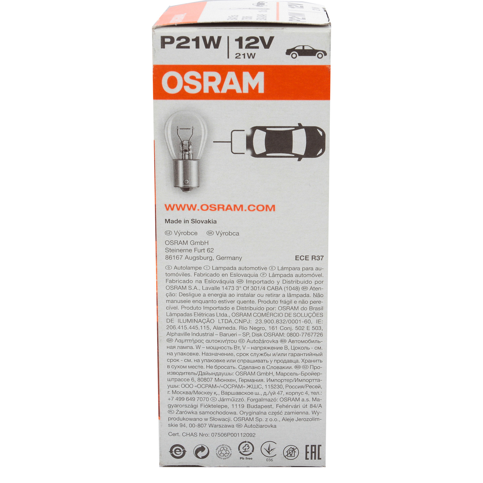 Osram Original Kugellampe 12V 21W P21W BA15S 10er Pack