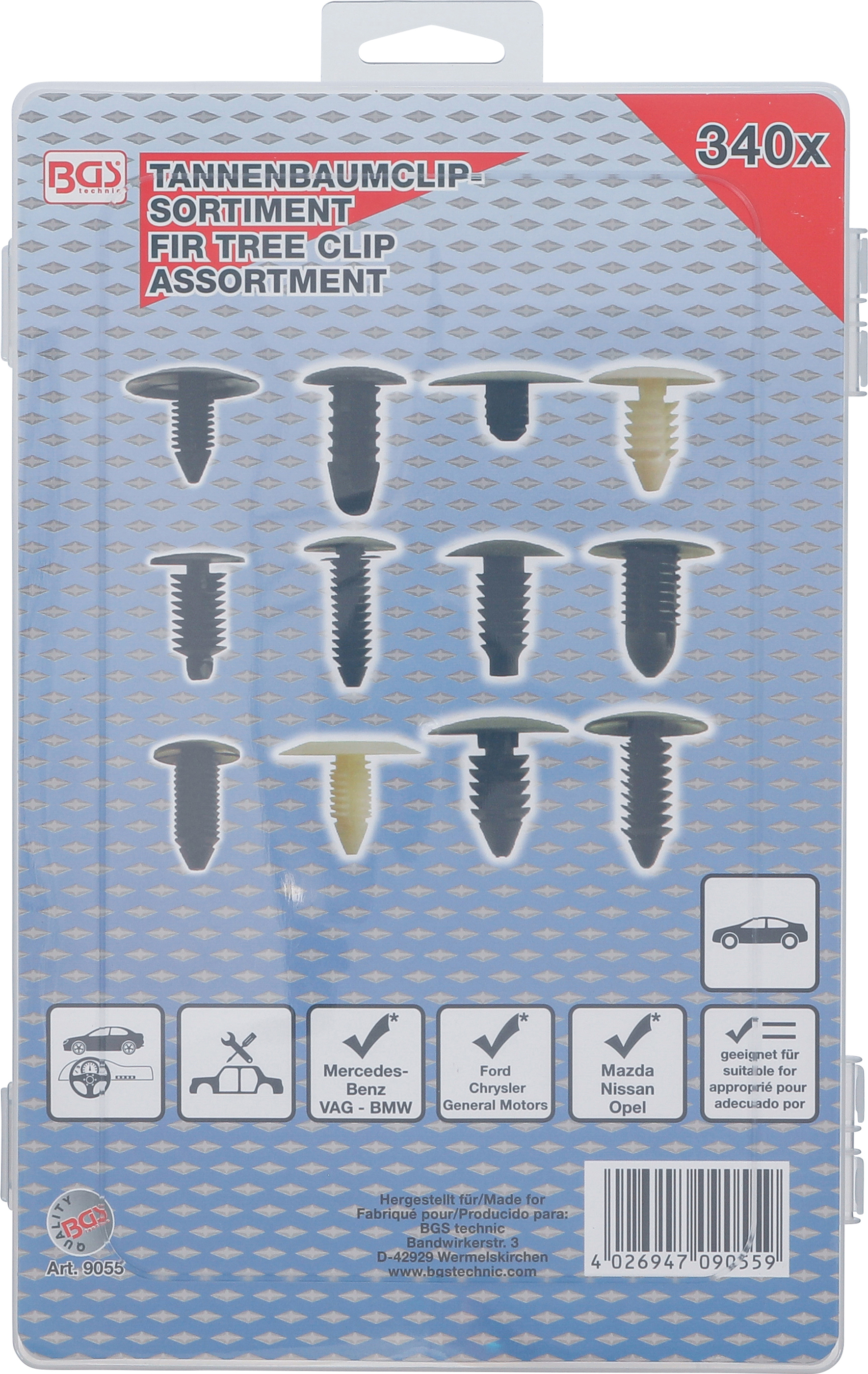 BGS Tannenbaumclip-Sortiment für GM, VW, Chrysler, BMW, Nissan, Ford | 340-tlg.
