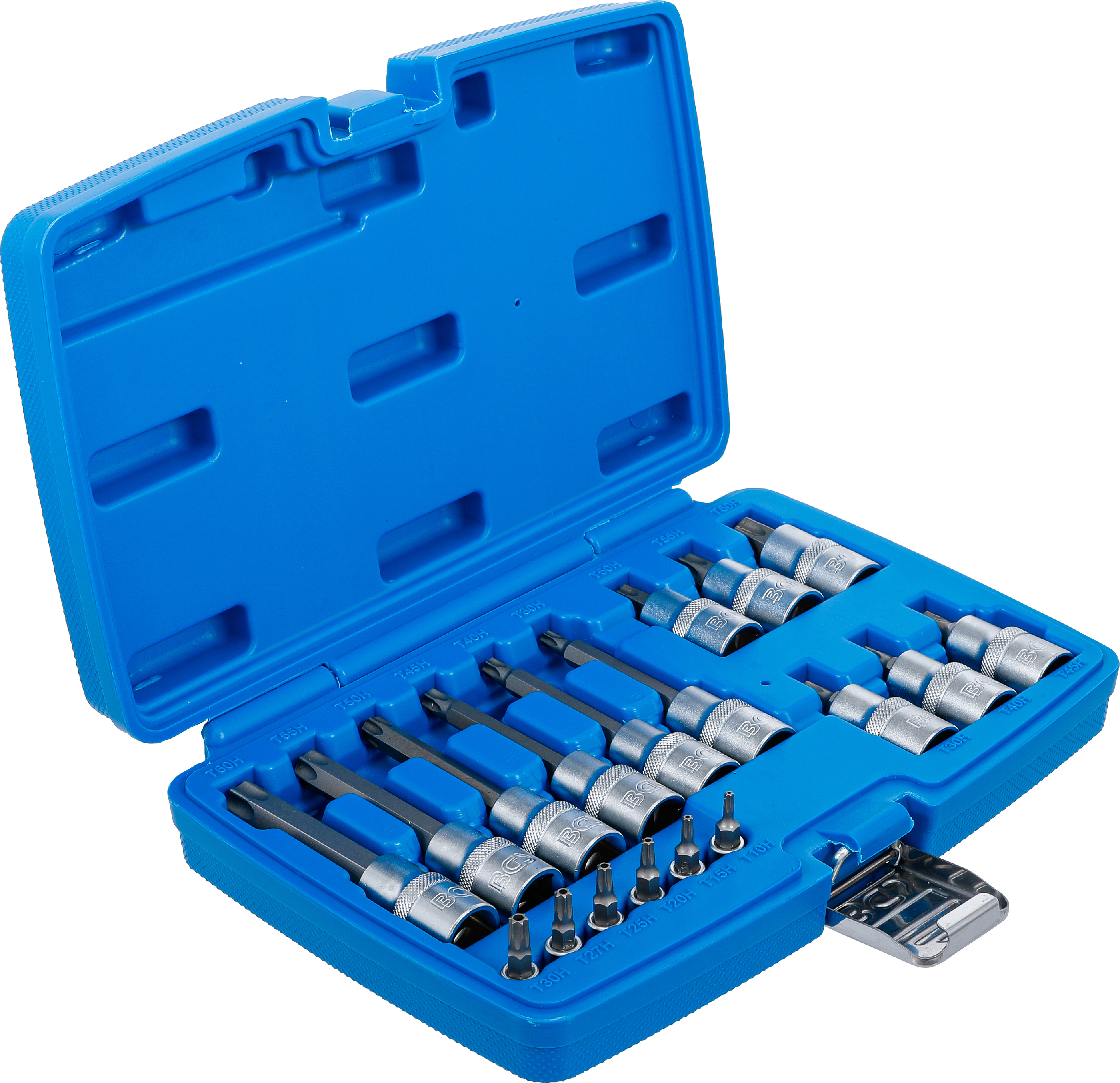 BGS Bit-Einsatz-Satz | Antrieb Innenvierkant 6,3 mm (1/4") / 12,5 mm (1/2") | T-Profil (für Torx) mit Bohrung | 18-tlg.