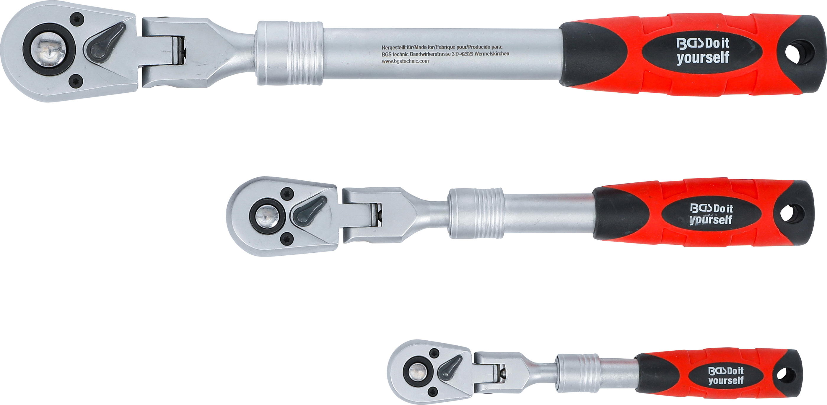 BGS Umschaltknarren-Satz | ausziehbar, abwinkelbar | Abtrieb Außenvierkant 6,3 mm (1/4") - 10 mm (3/8") - 12,5 mm (1/2") | 3-tlg.