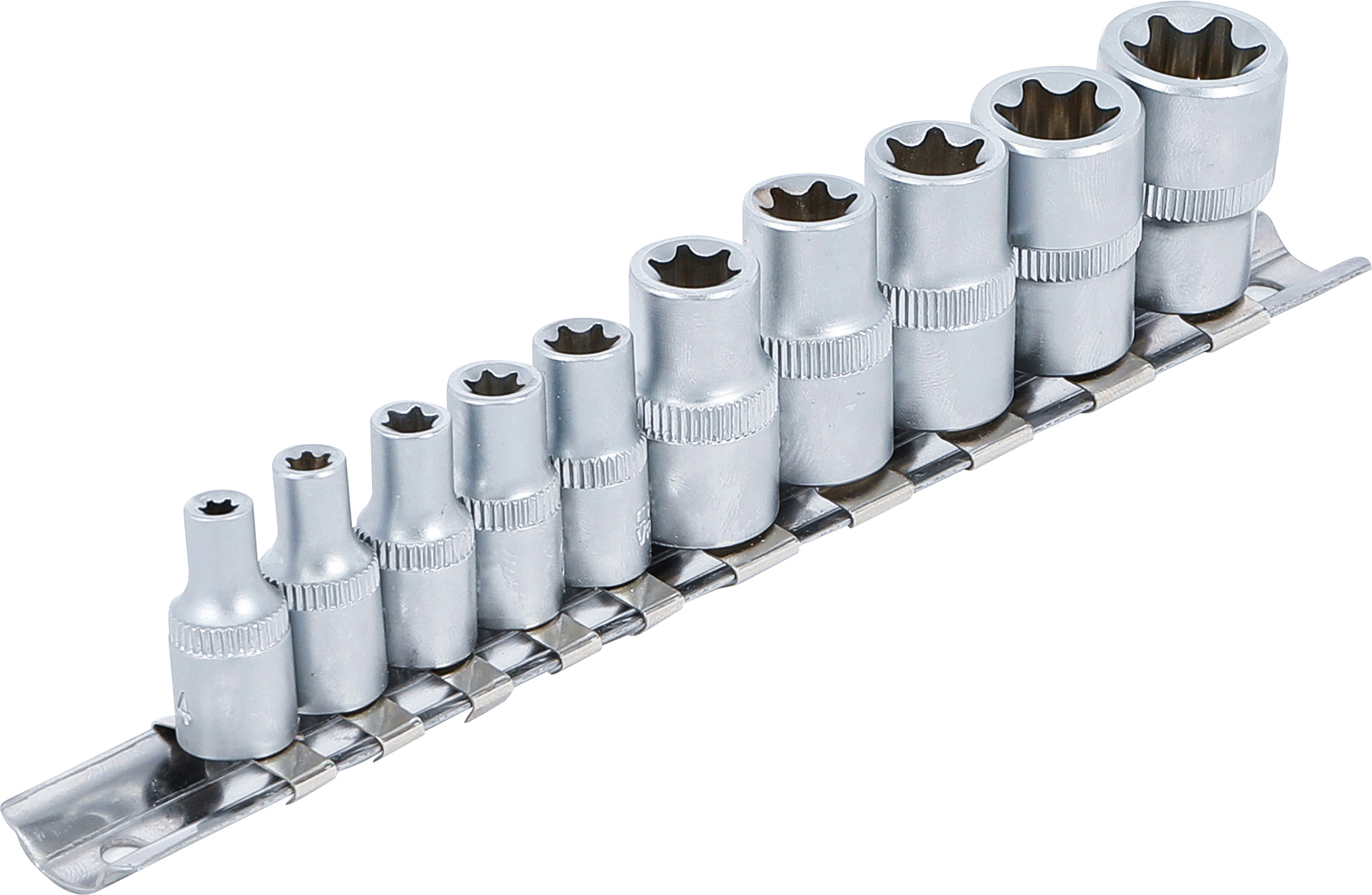 BGS Steckschlüssel-Einsatz-Satz E-Profil | Antrieb Innenvierkant 6,3 mm (1/4") / 10 mm (3/8") | SW E4 - E16 | 10-tlg.