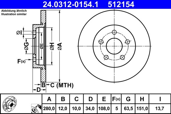 Bremsscheibe 24.0312-0154.1 “ATE 280 mm, 12 mm, 10 mm”