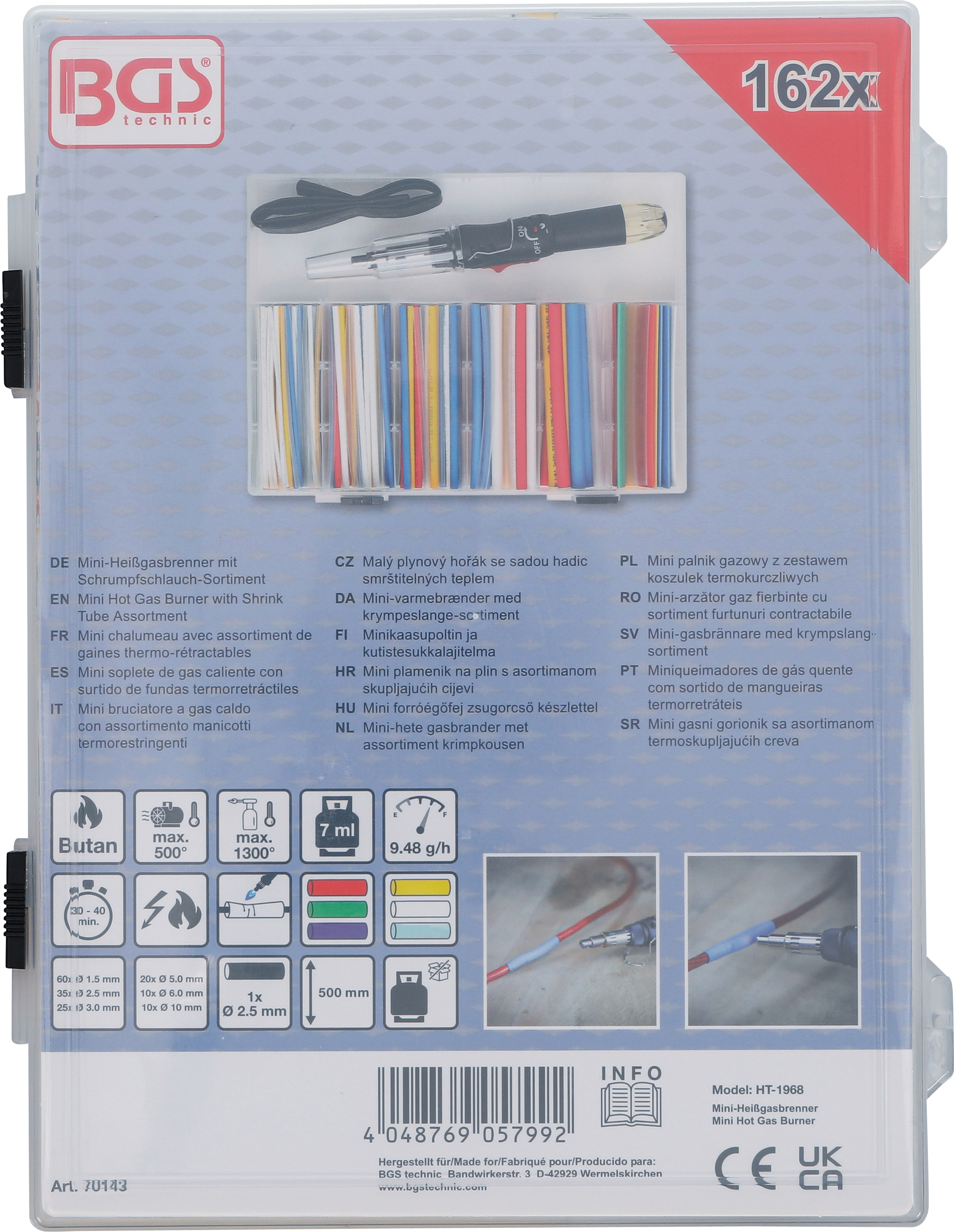 BGS Mini-Heißgasbrenner mit Schrumpfschlauch-Sortiment | farbig | mit Piezo-Zündung | 162-tlg.