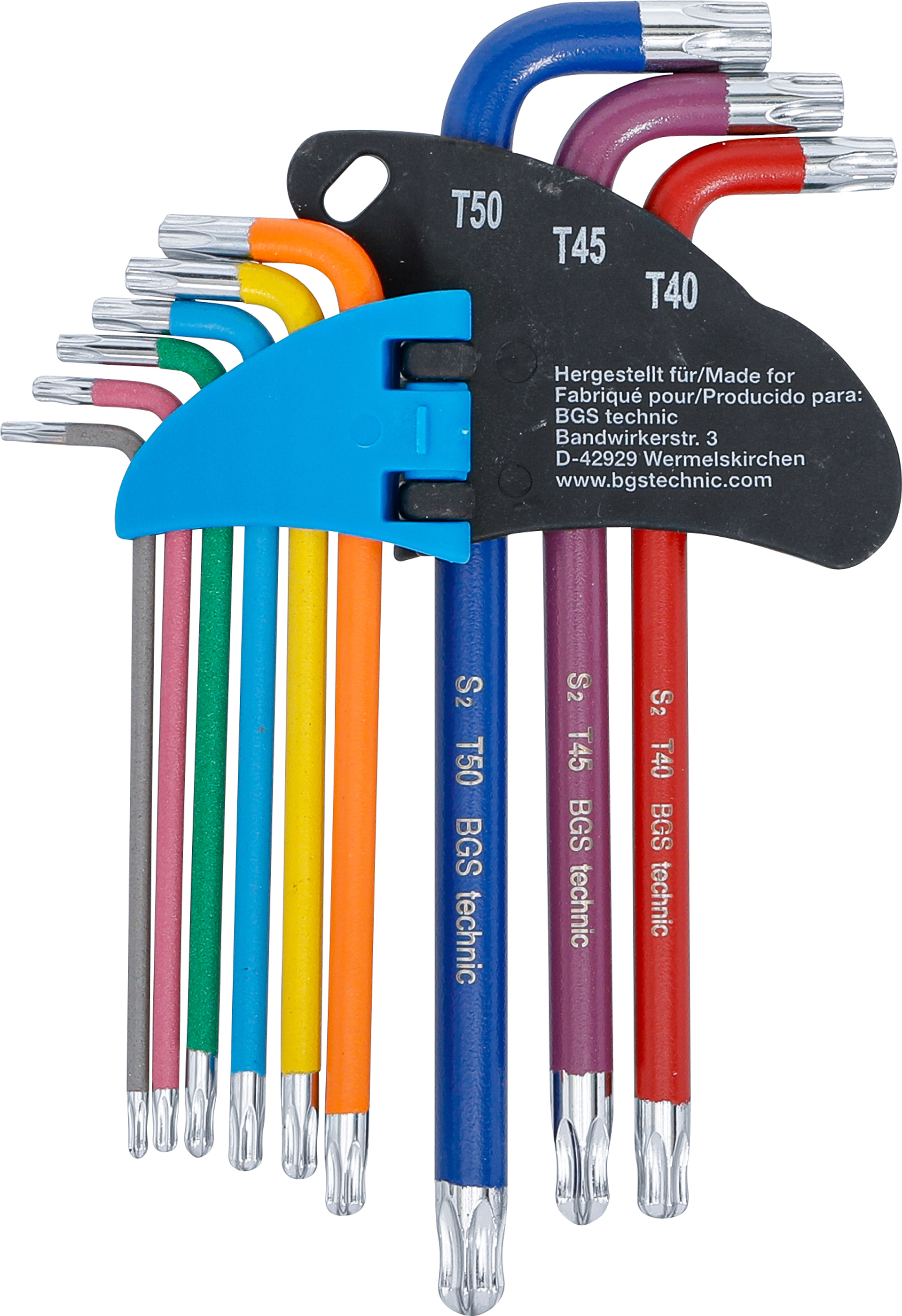 BGS Winkelschlüssel-Satz | Multicolour | T-Profil (für Torx) mit Bohrung und Kugelkopf T10 - T50 | 9-tlg.