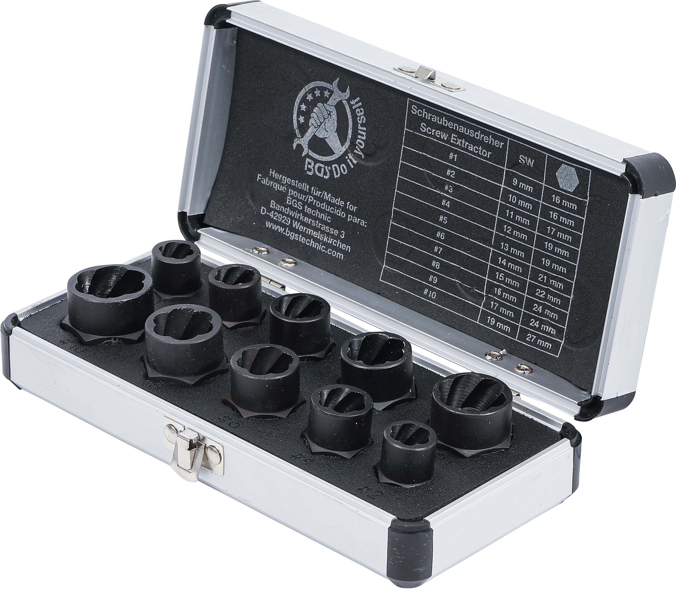 BGS Spiral-Profil-Steckschlüssel-Satz / Schraubenausdreher | Antrieb Innensechskant 10 mm (3/8") / Außensechskant | SW 9 - 19 mm | 10-tlg.