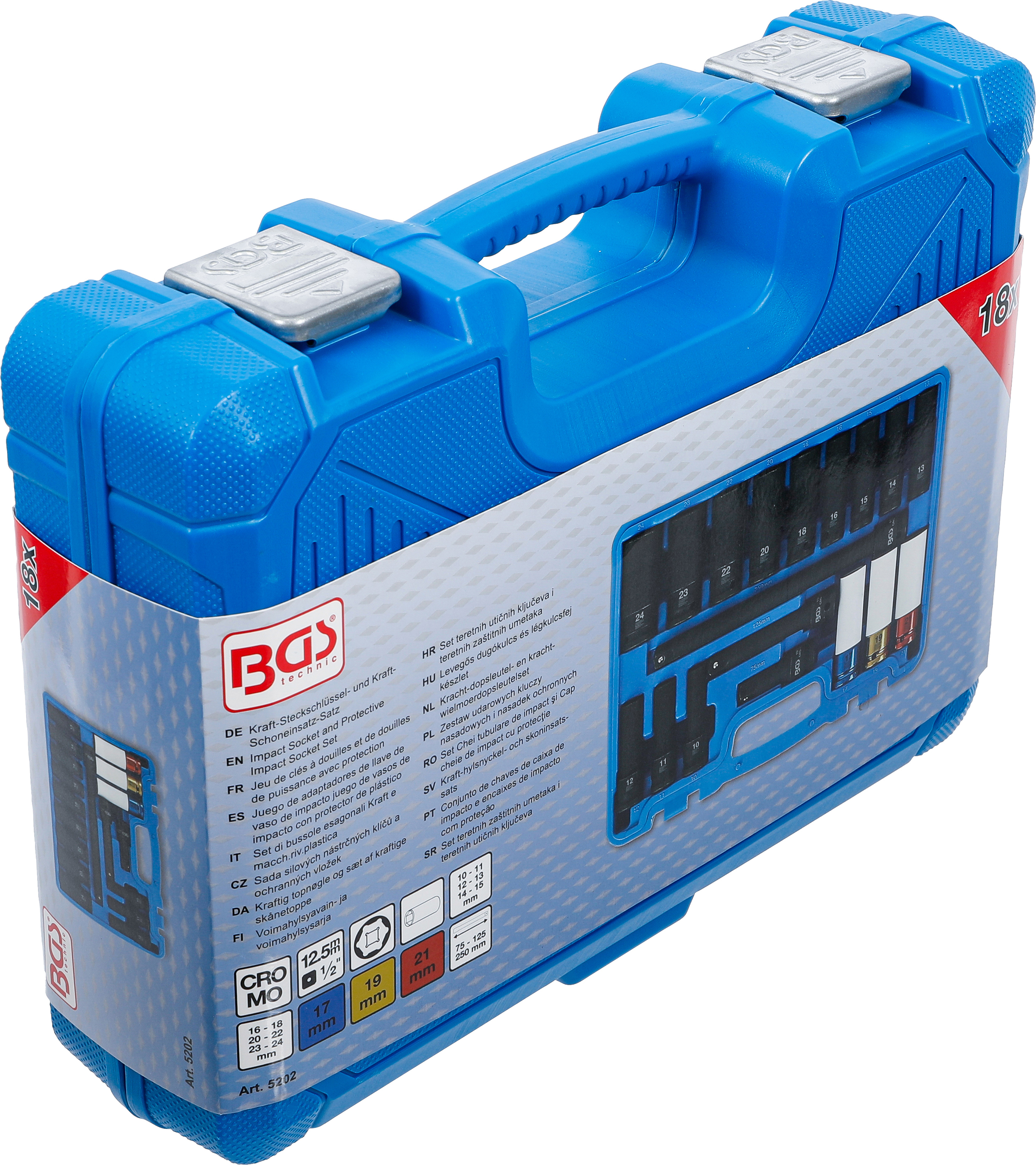 BGS Kraft-Steckschlüssel- und Kraft-Schoneinsatz-Satz | Sechskant | Antrieb Innenvierkant 12,5 mm (1/2") | SW 10 - 24 mm | 18-tlg.