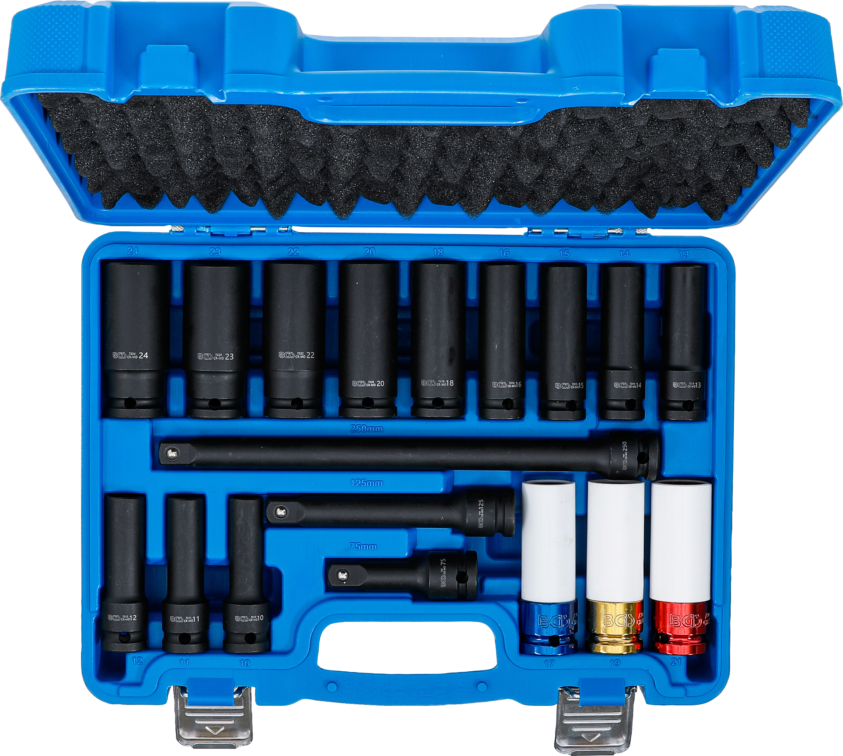 BGS Kraft-Steckschlüssel- und Kraft-Schoneinsatz-Satz | Sechskant | Antrieb Innenvierkant 12,5 mm (1/2") | SW 10 - 24 mm | 18-tlg.