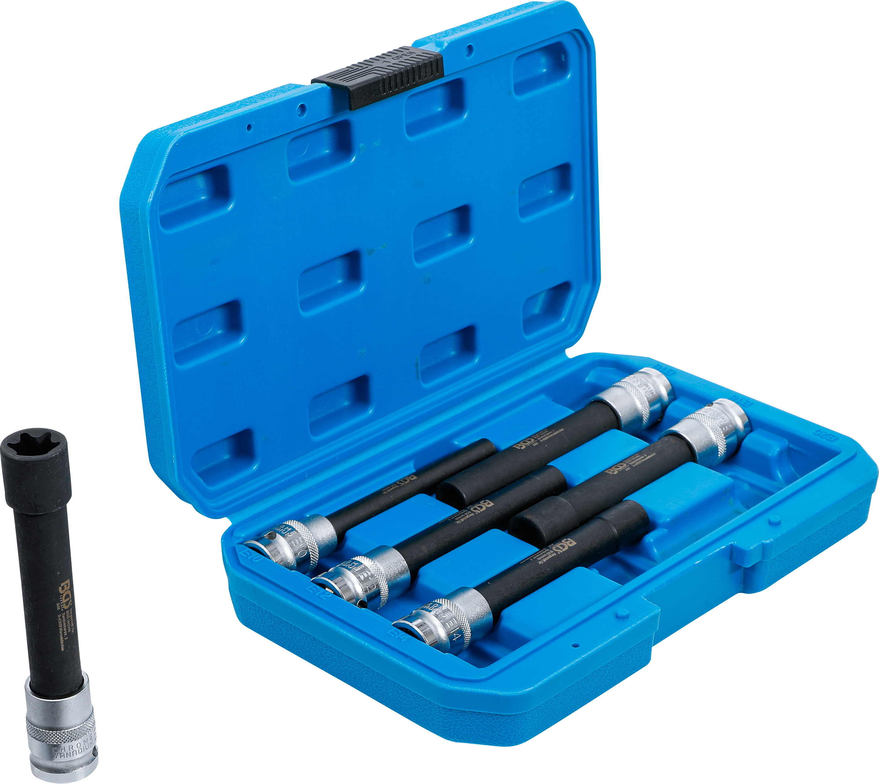 BGS Steckschlüssel-Einsatz-Satz E-Profil, extra lang | Antrieb Innenvierkant 12,5 mm (1/2") | SW E10 - E20 | 6-tlg.