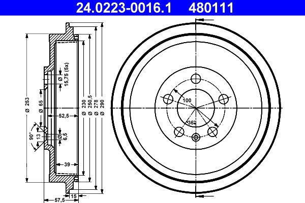Bremstrommel 24.0223-0016.1 “ATE 230 mm, 231,5 mm, 39 mm”