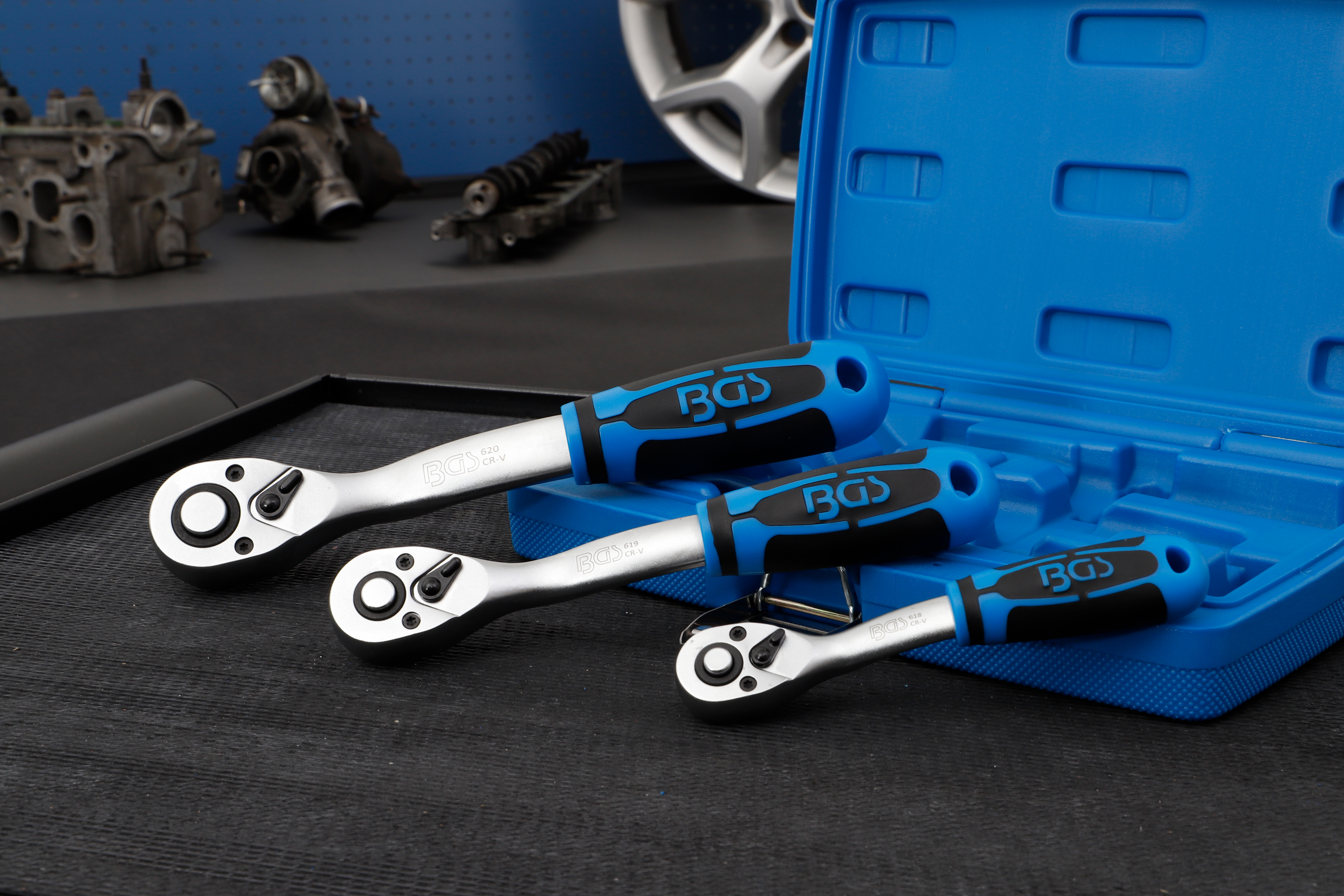 BGS Umschaltknarren-Satz | feinverzahnt | Abtrieb Außenvierkant 6,3 mm (1/4") - 10 mm (3/8") - 12,5 mm (1/2") | 3-tlg.