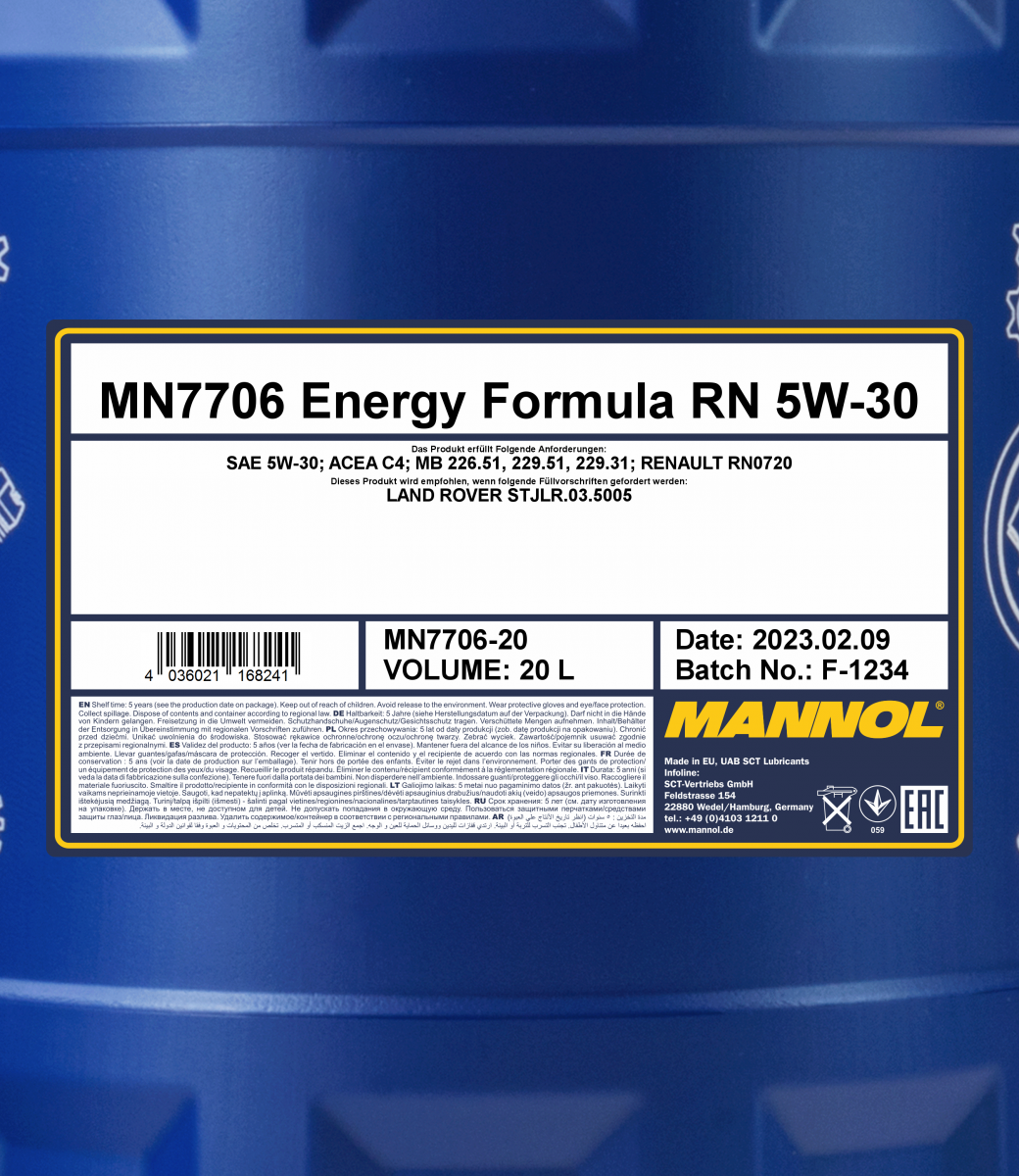 5W-30 Mannol 7706 Energy Formula RN Motoröl 20 Liter