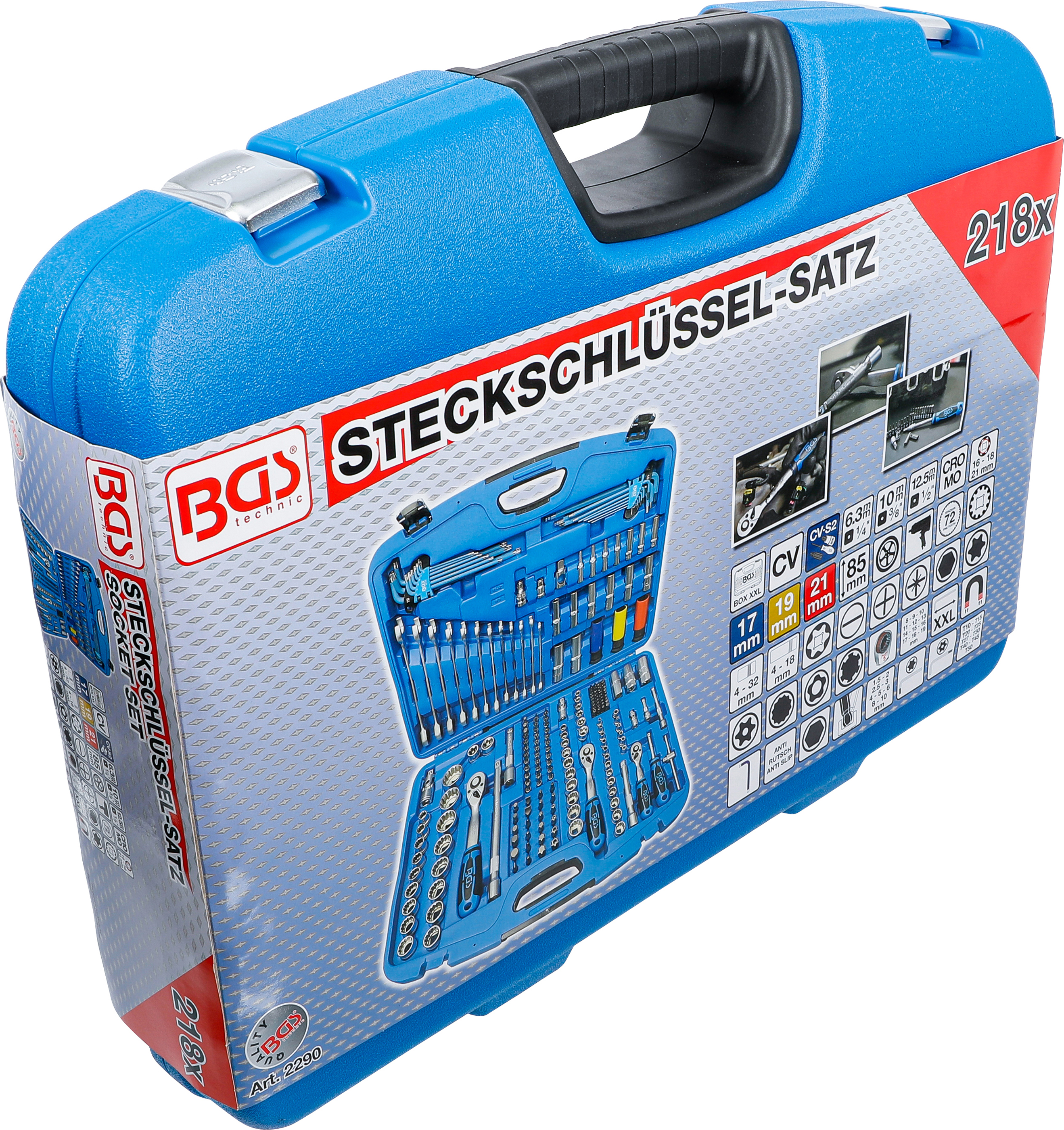 BGS Steckschlüssel-Satz Gear Lock | Antrieb 6,3 mm (1/4") / 10 mm (3/8") / 12,5 mm (1/2") | 218-tlg.