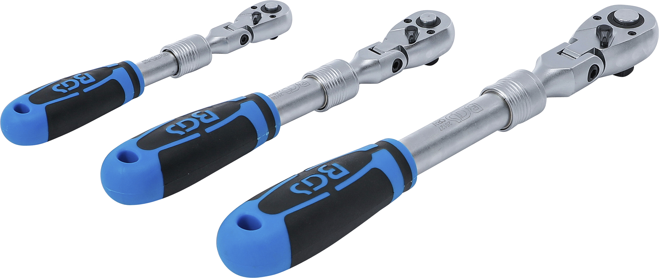 BGS Umschaltknarren-Satz | ausziehbar, abwinkelbar | Abtrieb Außenvierkant 6,3 mm (1/4") - 10 mm (3/8") - 12,5 mm (1/2") | 3-tlg.