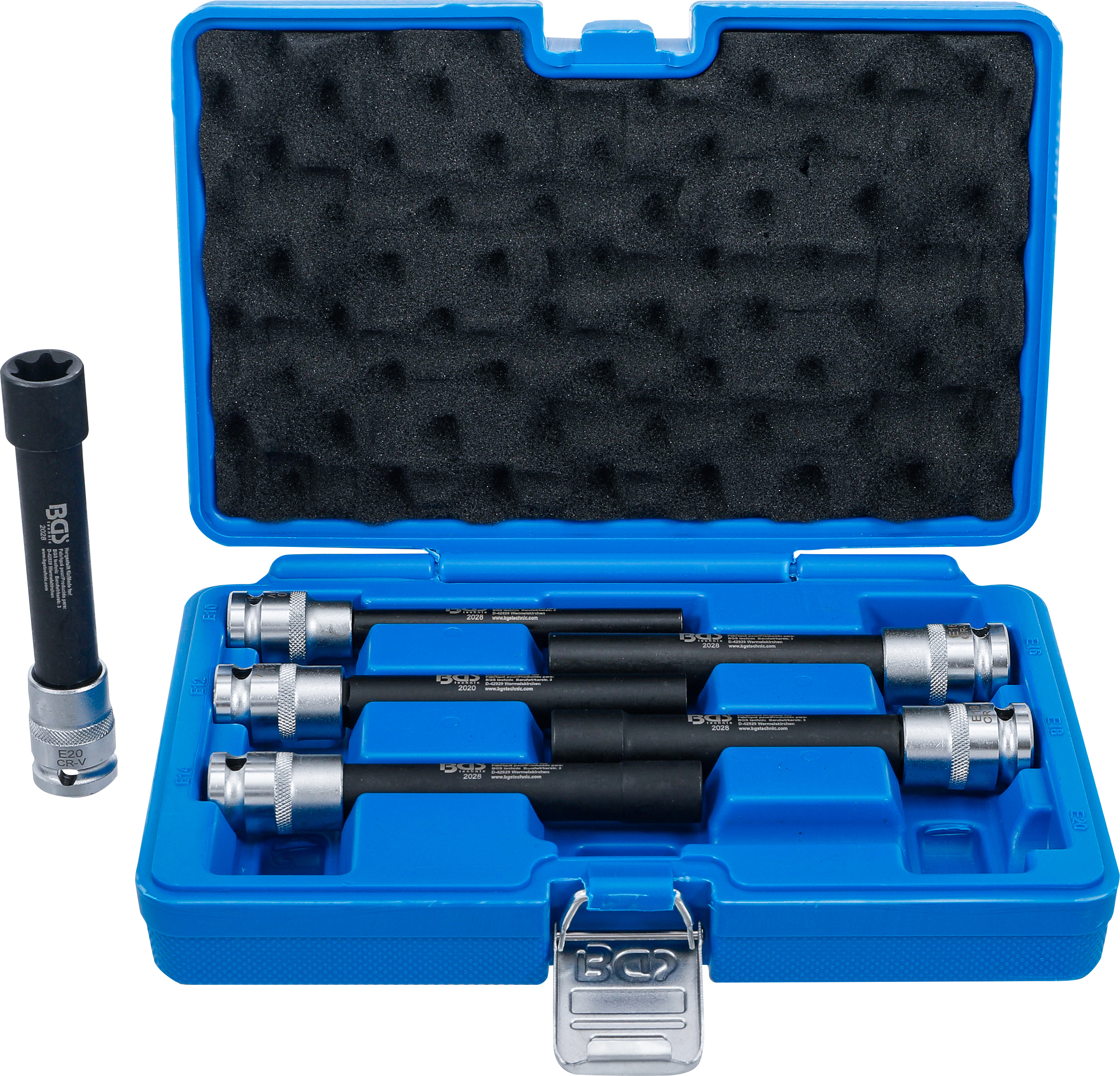 BGS Steckschlüssel-Einsatz-Satz E-Profil, extra lang | Antrieb Innenvierkant 12,5 mm (1/2") | SW E10 - E20 | 6-tlg.